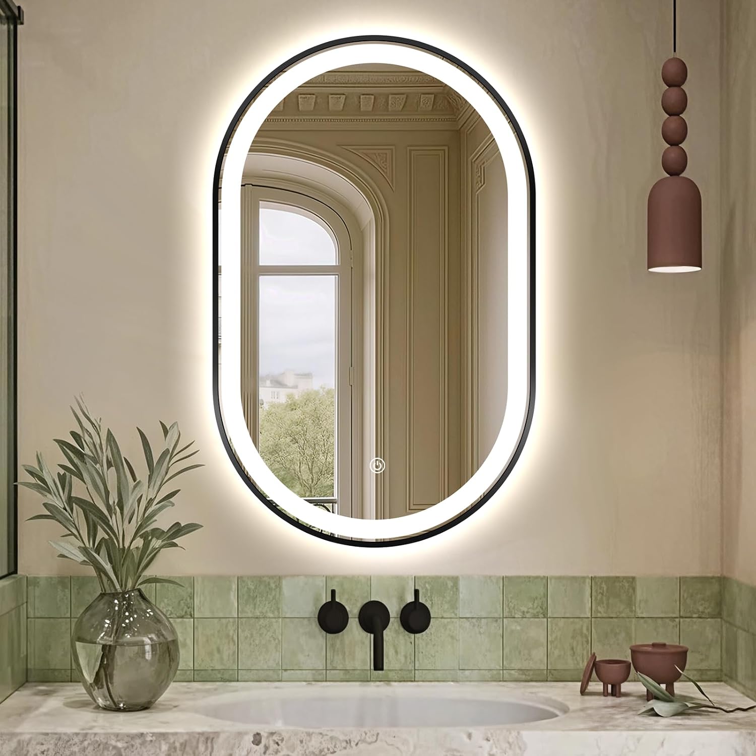 32'x20' Oval LED Bathroom Mirror with Lights, Black Anti Fog Lighted Vanity Mirror Wall Mounted, LED Oval Mirror with 3 Colors, Memory, ShatterProof, Front/Backlit, Horizontal/Vertical