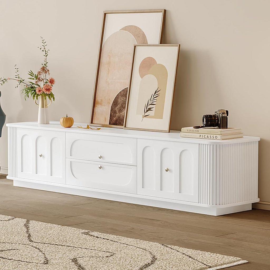 Modern TV Stand with Storage, Minimalist Entertainment Center with 3 Drawers & Flip-Up Door & Shelves for 55/65/75/85 Inch TVs for Living Room & Bedroom, White (Style2)