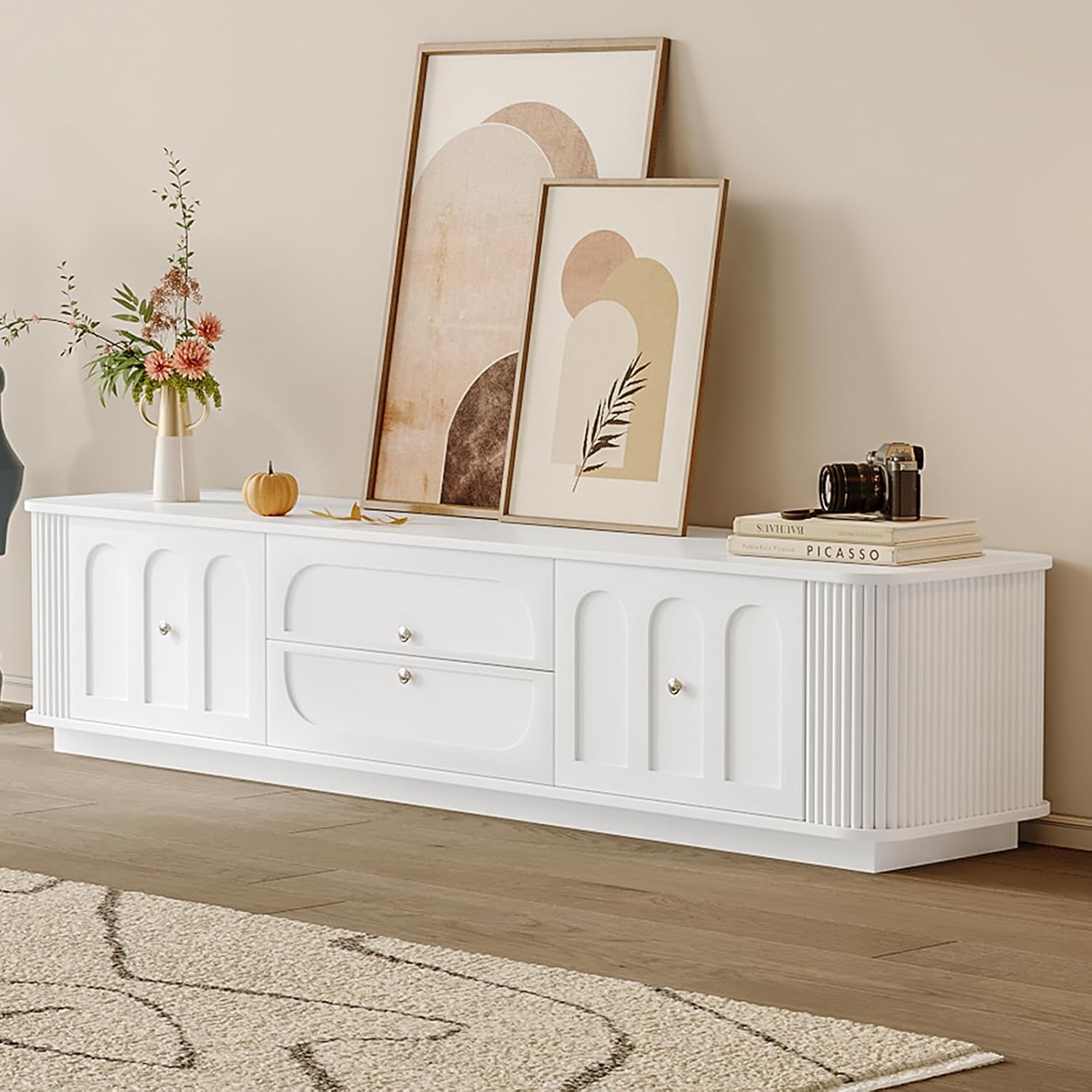 Modern TV Stand with Storage, Minimalist Entertainment Center with 3 Drawers & Flip-Up Door & Shelves for 55/65/75/85 Inch TVs for Living Room & Bedroom, White (Style2)