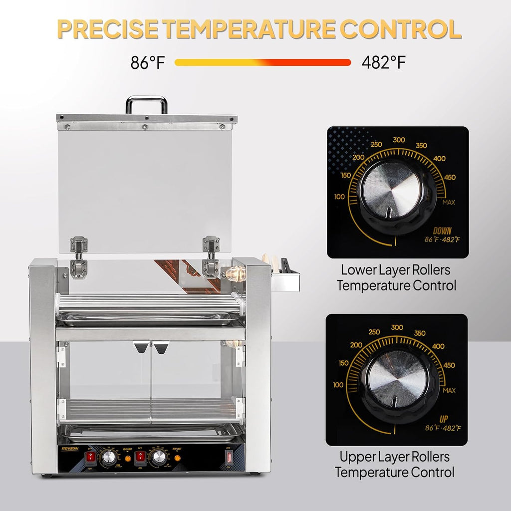 ROVSUN 2 Tier Hot Dog Roller, 36 Hot Dog 7 Rollers ETL Certified, Hot Dog Machine Sausage Grill with Dual Temp Control, Glass Cover, Light, Side Storage Box & Drip Tray for Home Commercial 2100W