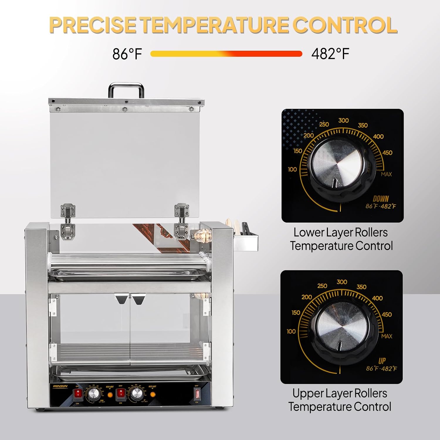 ROVSUN 2 Tier Hot Dog Roller, 36 Hot Dog 7 Rollers ETL Certified, Hot Dog Machine Sausage Grill with Dual Temp Control, Glass Cover, Light, Side Storage Box & Drip Tray for Home Commercial 2100W