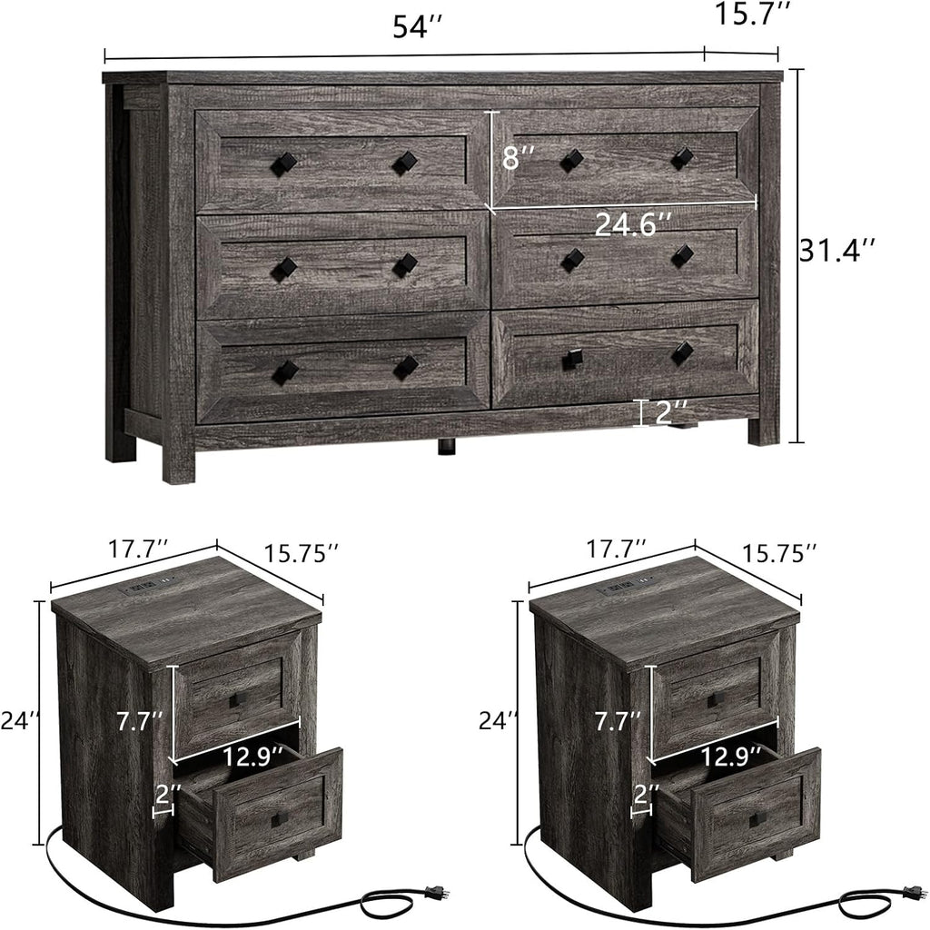 LUXOAK Bedroom Dresser and Nightstand 3 Piece Set, 1 X Wood Rustic 6 Drawer Storage Dresser, Nightstand Set of 2 with Charging Station, Farmhouse Bedroom Furniture Set, Rustic Grey
