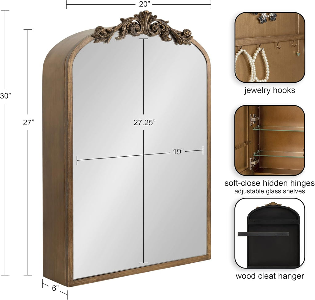 Kate and Laurel Arendahl Vintage Arched Jewelry Cabinet with MIrror, 20 x 6 x 30, Gold, Mirrored Arch Wall Cabinet for Bathroom Storage or Bedroom Jewelry Station with Soft-Close Hinges