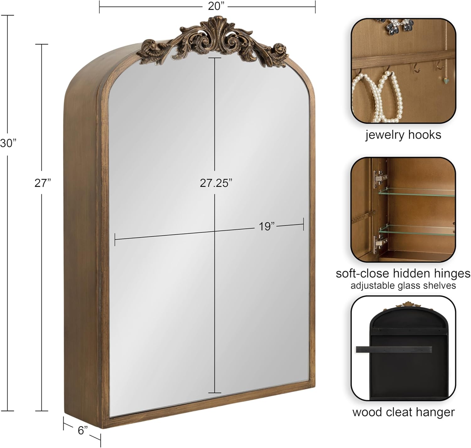 Kate and Laurel Arendahl Vintage Arched Jewelry Cabinet with MIrror, 20 x 6 x 30, Gold, Mirrored Arch Wall Cabinet for Bathroom Storage or Bedroom Jewelry Station with Soft-Close Hinges