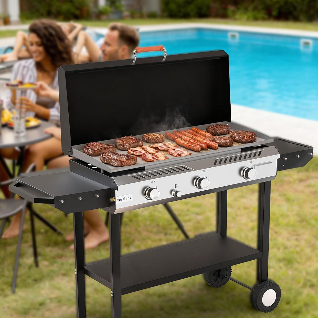 Veralune Outdoor Flat Top Gas Grill with Lid, Outdoor Griddle with Enameled Tray, Propane Gas Griddle, for Breakfast, BBQ & Grilling Steel Cooking Surface, Folding Side Shelves, Push-Button Ignition
