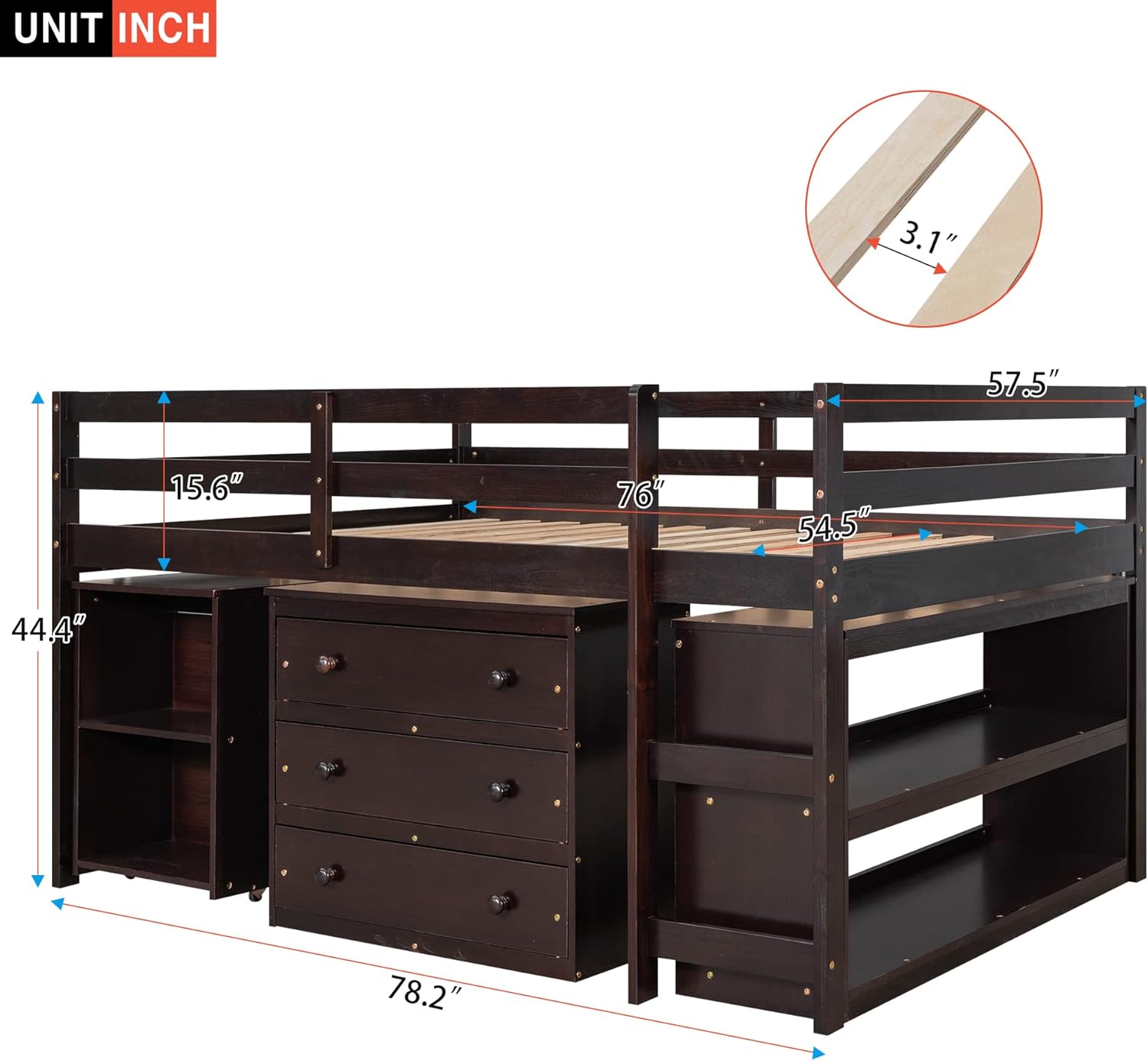 Bellemave Low Loft Bed with Desk and Dresser Full Size, Wood Kids Loft Beds Frame with Cabinet & Storage Shelves & Rolling Portable Desk for Juniors, Teen, Boys, Girls, Espresso