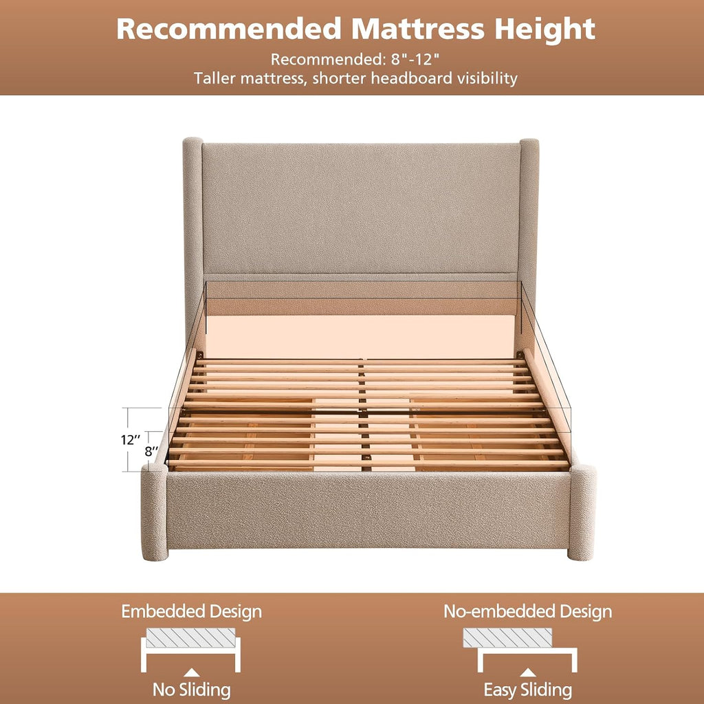 VELOCAVA Queen Size Upholstered Bed Frame with 51.77' Tall Headboard and Soft Rounded Corners, Side Storage Drawers, 12-Slat Support, No Box Spring Needed, Bouclé Texture, Beige