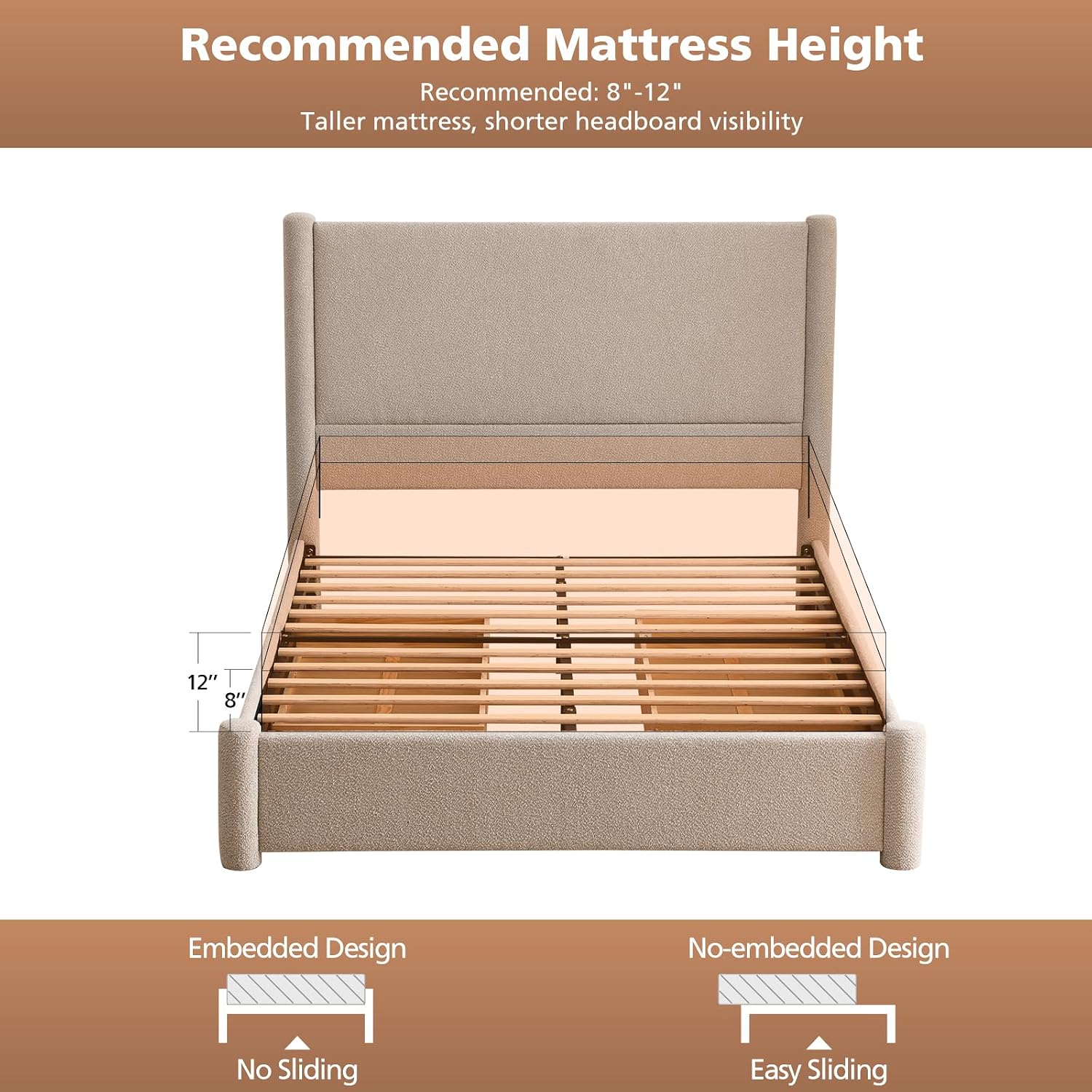 VELOCAVA Queen Size Upholstered Bed Frame with 51.77' Tall Headboard and Soft Rounded Corners, Side Storage Drawers, 12-Slat Support, No Box Spring Needed, Bouclé Texture, Beige