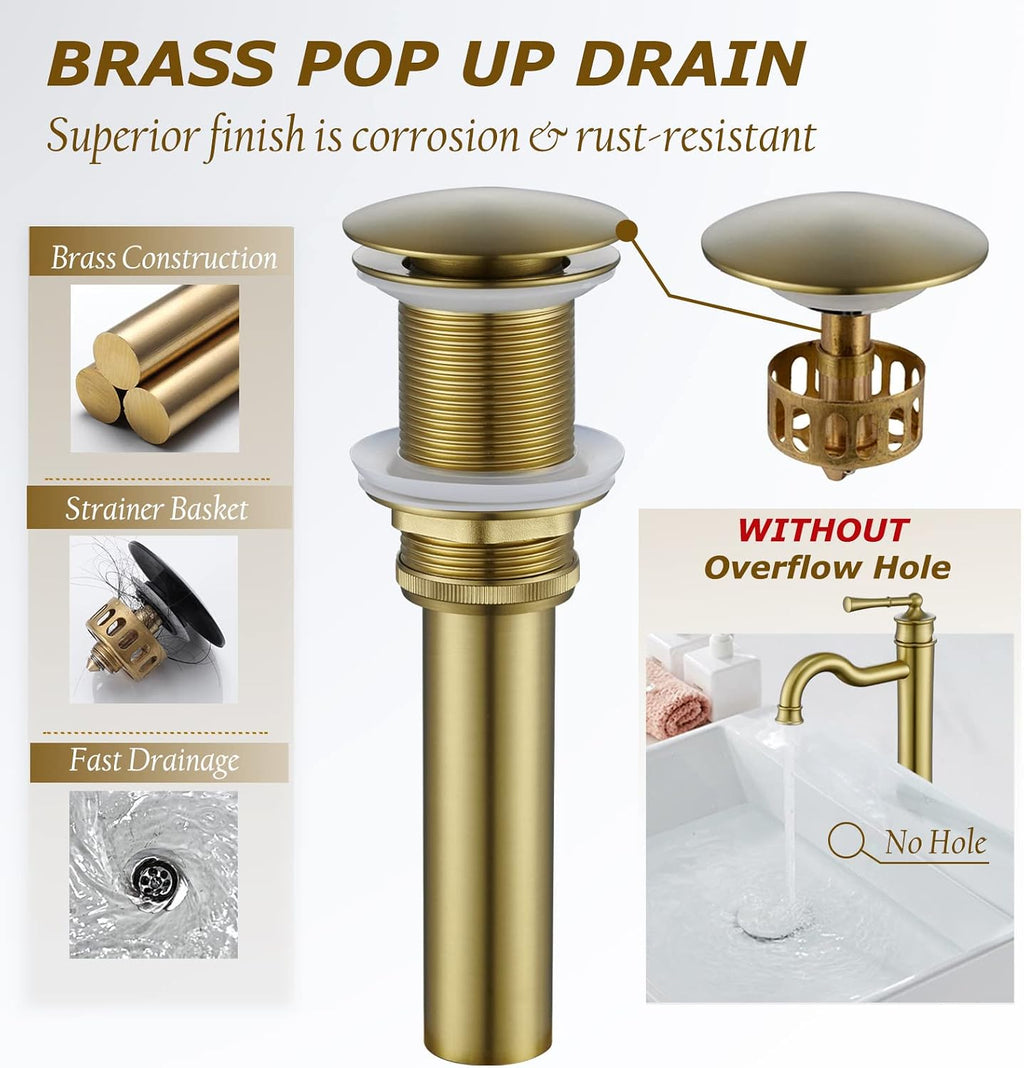 Vessel Sink Faucet Brushed Gold Bathroom Tall Faucet Single Hole Deck-Mount Pop up Drain Assembly Without Overflow Water Supply Lines Included