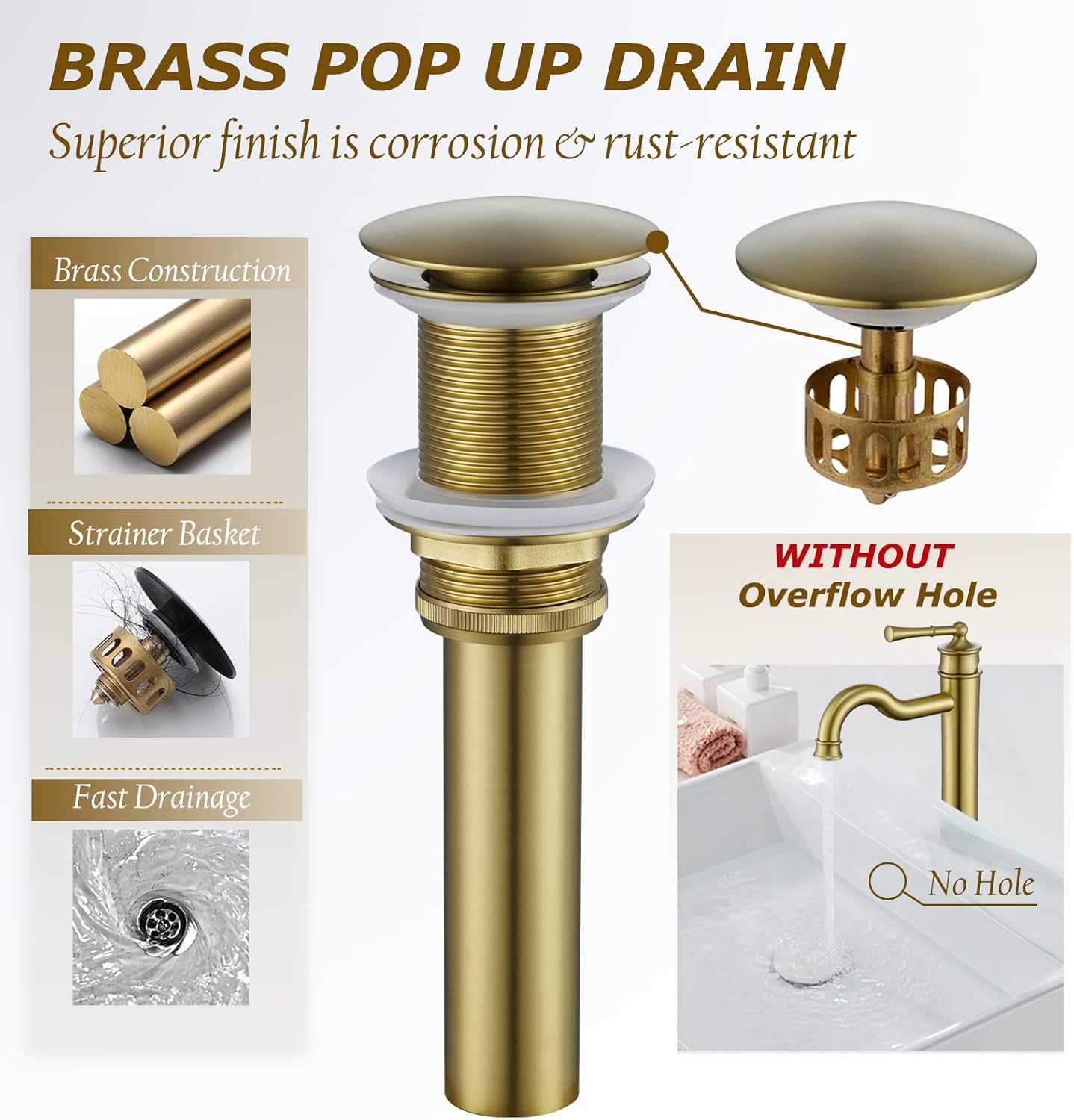 Vessel Sink Faucet Brushed Gold Bathroom Tall Faucet Single Hole Deck-Mount Pop up Drain Assembly Without Overflow Water Supply Lines Included
