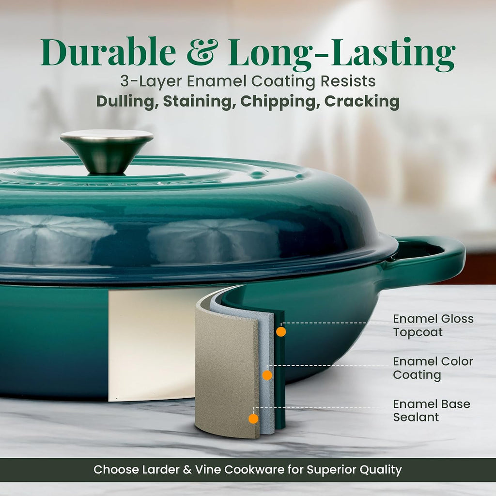 Larder & Vine Enameled Cast Iron Braiser | 3.6 qt Braiser Pan with Lid | Shallow Dutch Oven Compatible on All Cooktops | Casserole Dish Oven Safe to 500° F | Dual Handles | Bondi