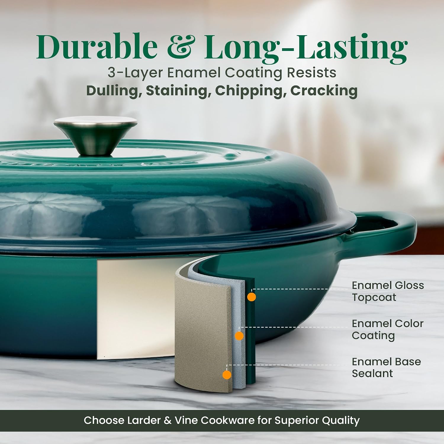 Larder & Vine Enameled Cast Iron Braiser | 3.6 qt Braiser Pan with Lid | Shallow Dutch Oven Compatible on All Cooktops | Casserole Dish Oven Safe to 500° F | Dual Handles | Bondi