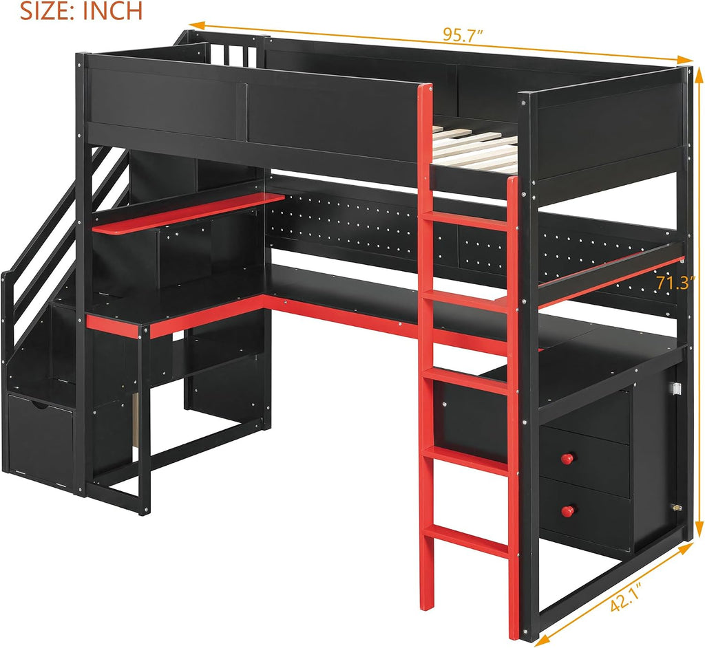 Ball & Cast Gaming Twin Size Loft Bed with Storage Stairs,Wood Gamer Loft Bed Frame W/Desk,Shelves and Pegboard,High Loft Bed W/Full-Length Guardrail,Bedroom Furniture for Student Dorms,Black+Red