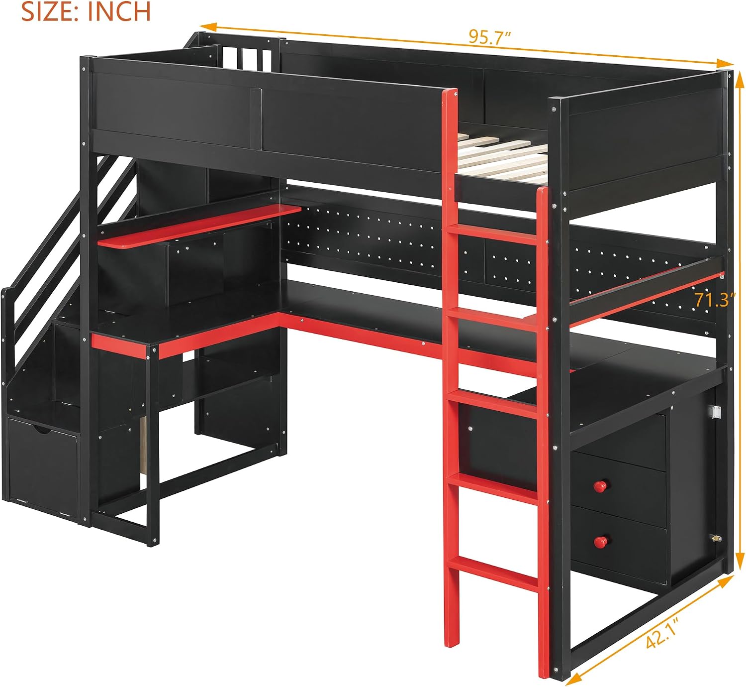 Ball & Cast Gaming Twin Size Loft Bed with Storage Stairs,Wood Gamer Loft Bed Frame W/Desk,Shelves and Pegboard,High Loft Bed W/Full-Length Guardrail,Bedroom Furniture for Student Dorms,Black+Red