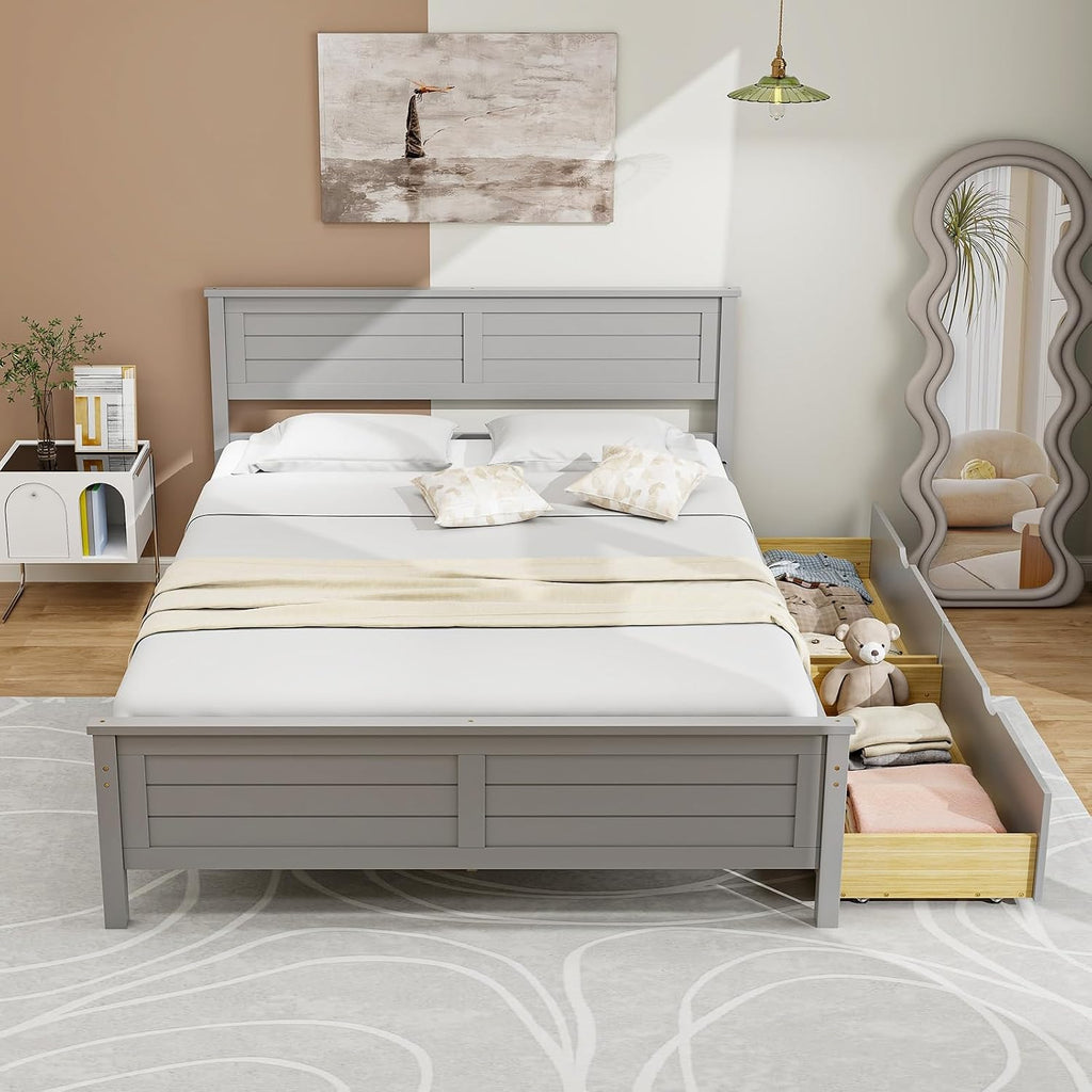 Giantex Wood Full Size Bed Frame with 2 Storage Drawers, Solid Wood Platform Bed with Headboard, Wooden Slats Mattress Foundation, No Spring Needed, Full Bed Frame for Kids, Teens, Adults, Grey