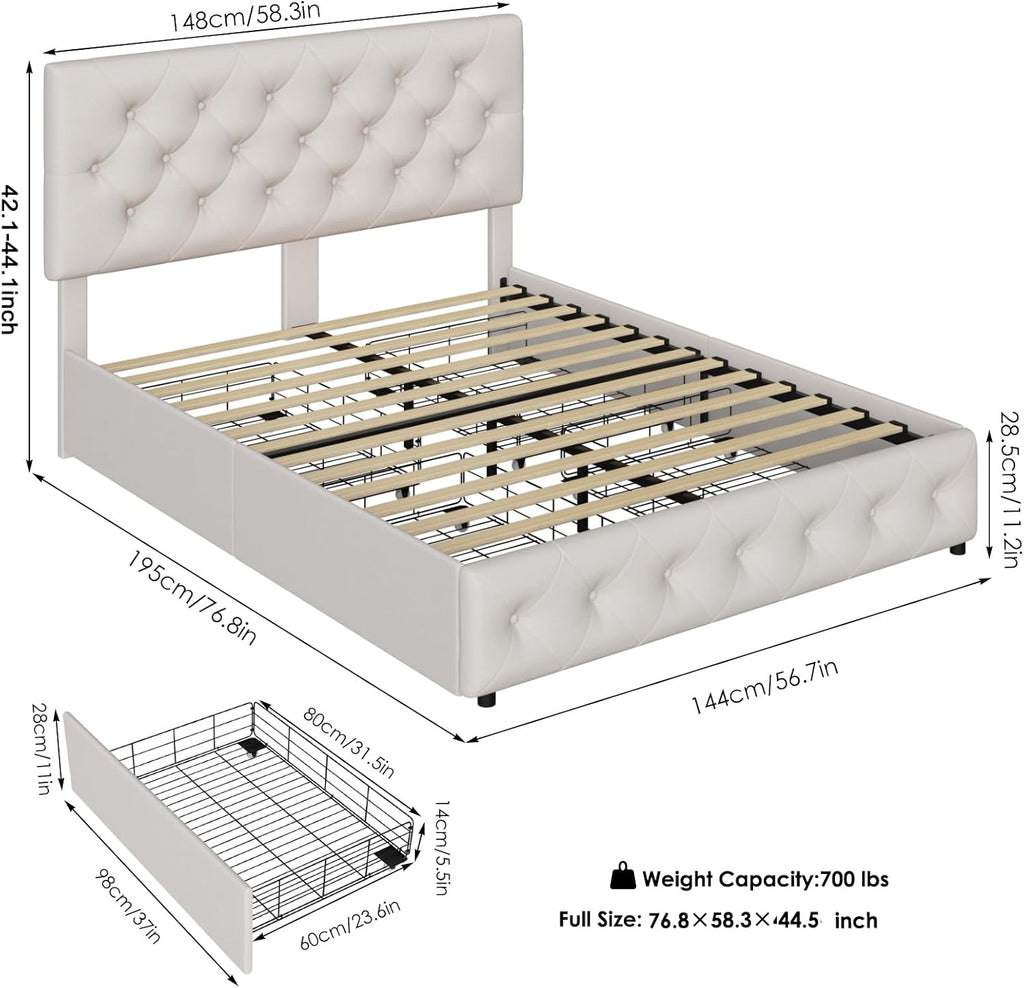 TTVIEW Full Size Bed Frame with 4 Storage Drawers and Adjustable Headboard, Upholstered Platform Bed with Button Tufted Design, Strong Wooden Slats Support, No Box Spring Needed, Fabric, Cream