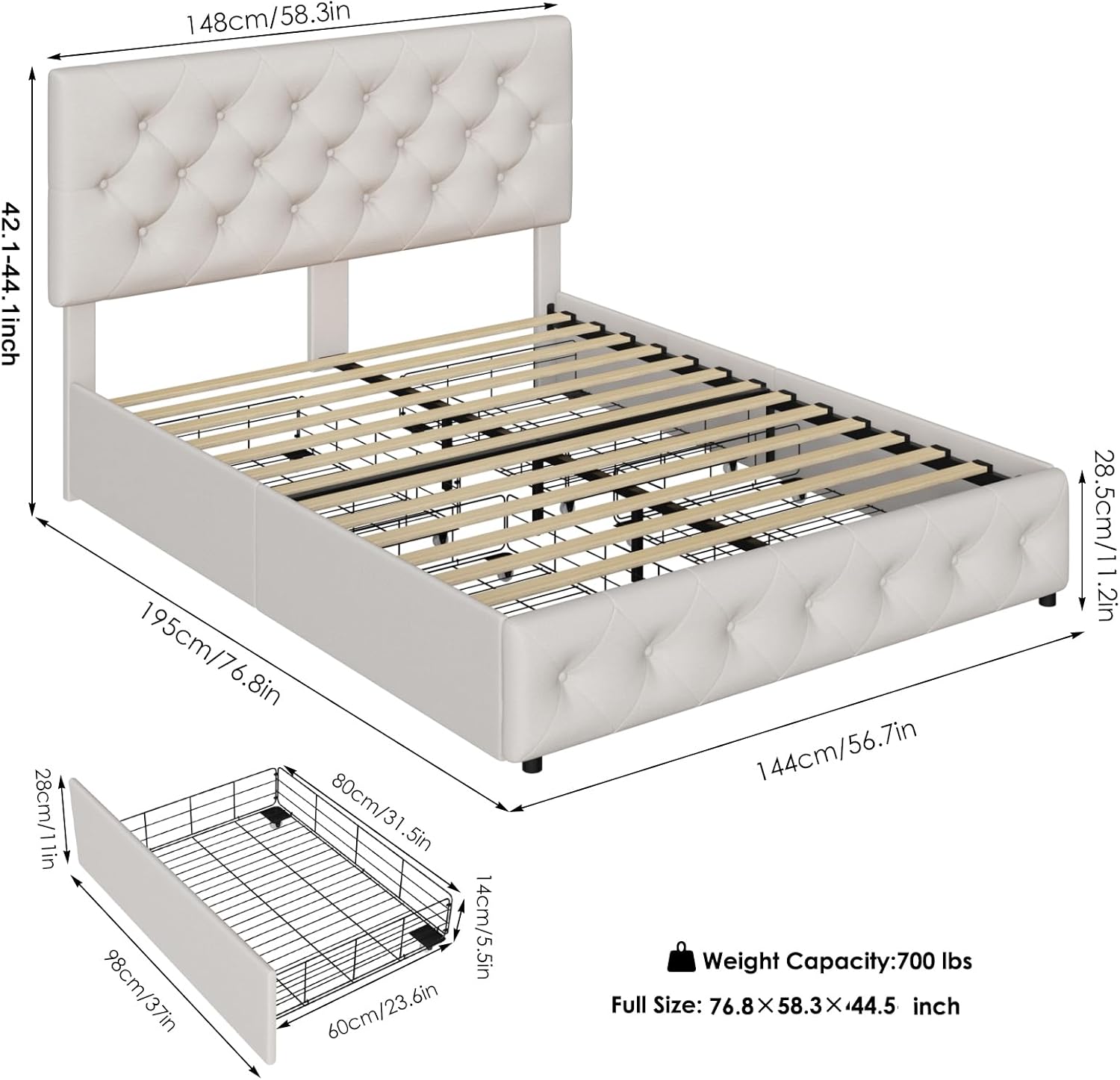 TTVIEW Full Size Bed Frame with 4 Storage Drawers and Adjustable Headboard, Upholstered Platform Bed with Button Tufted Design, Strong Wooden Slats Support, No Box Spring Needed, Fabric, Cream
