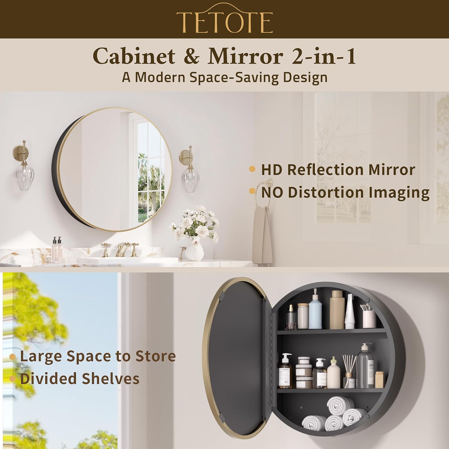 TETOTE Gold Round Bathroom Medicine Cabinet with Mirror 30 x 30, Adjustable Shelves, Farmhouse Wall Storage, Surface Mounted