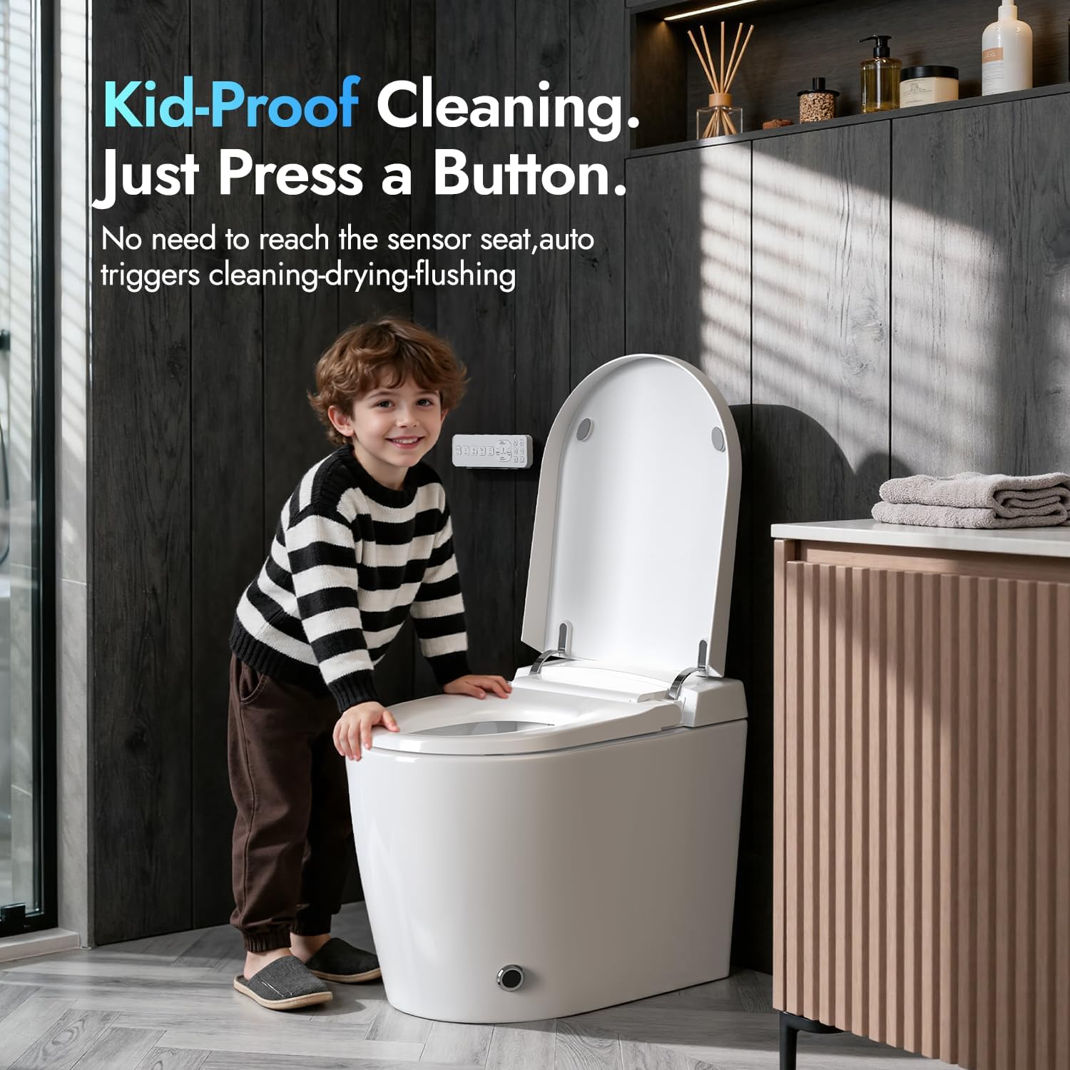 Smart Compact Toilet for Small Bathroom, 23' Depth Toilet with Auto Open/Close Lid & Foot Sensor Flush, Heated Seat, Warm Water Wash & Dryer, Tankless One Piece Toilet with 1.28GPF
