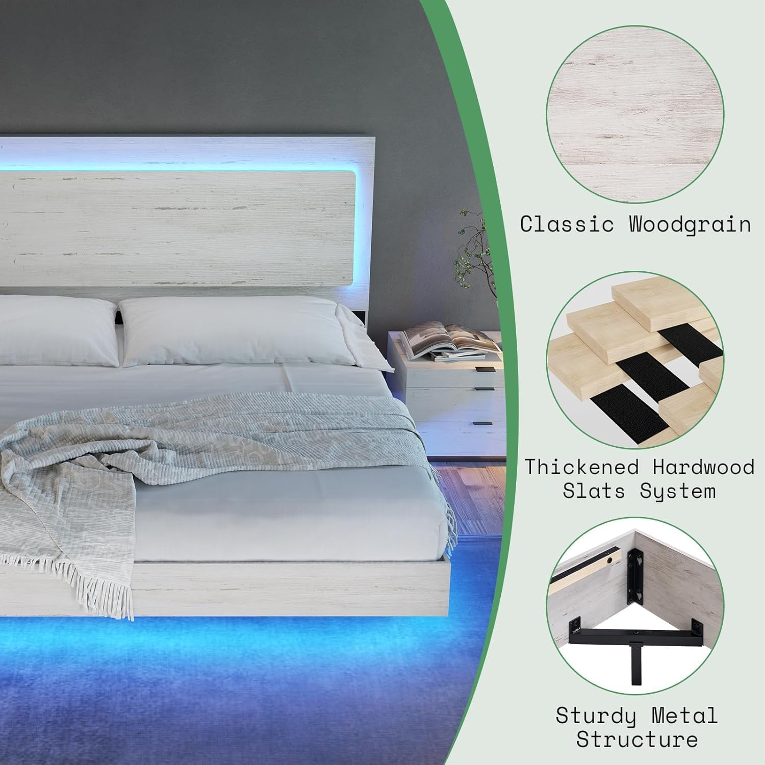 AMERLIFE King Floating Bed Frame, Farmhouse Bed Frame with Recline Headboard, No Box Spring Needed/Noise Free, Platform Bed with LED Light, Distressed White