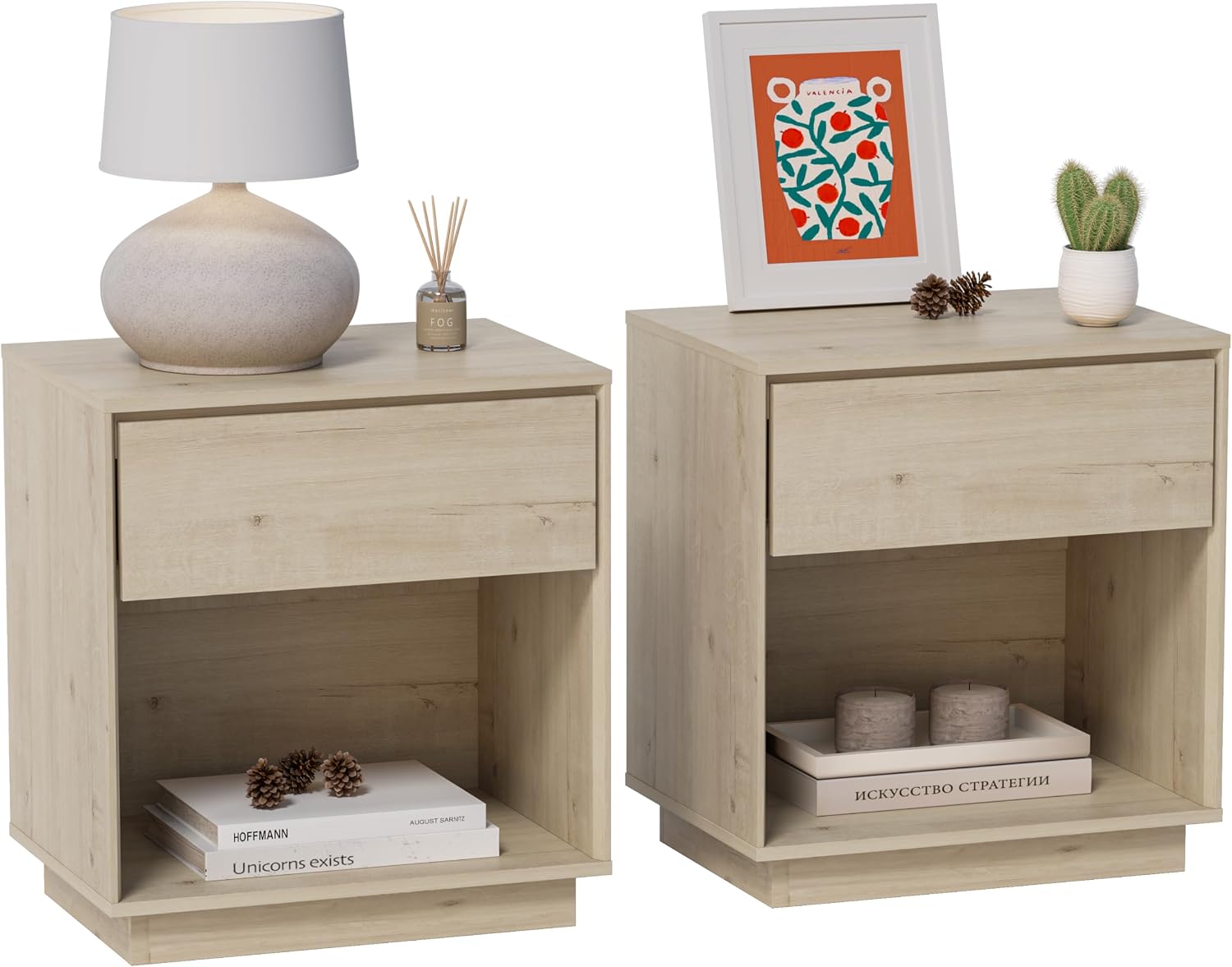 EYYTHUNG Modern End Side Table Set of 2, Wood Nightstand with Storage and Open Shelf, Farmhouse Boho Bedside Table Accent Night Stand for Bedroom, Light Oak