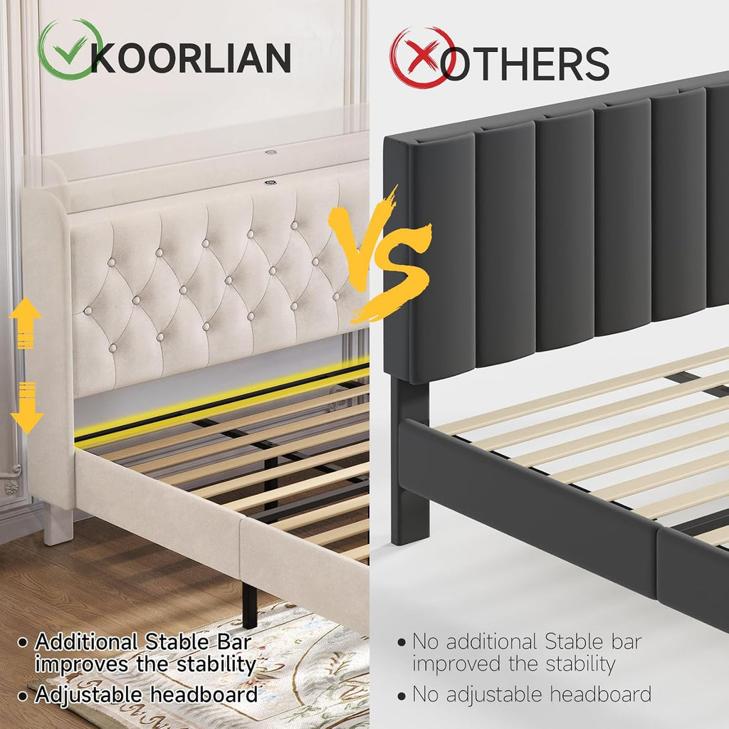 koorlian King Velvet Bed Frame, Adjustable Upholstered Platform Bed Frame with Type-C&USB Ports, Wingback Storage Headboard, Solid Wood Slats Support, No Box Spring Needed, Noise-Free, Beige