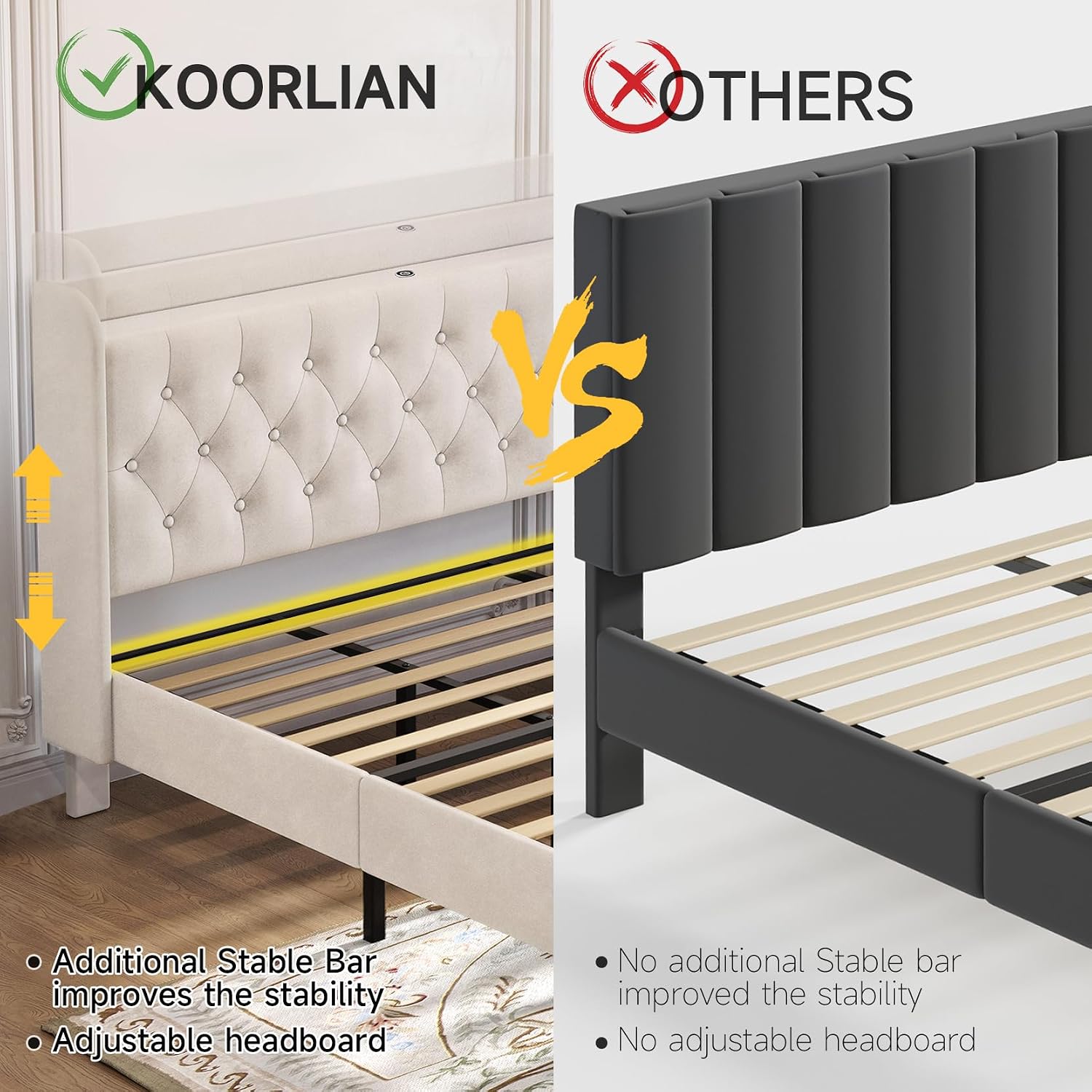 koorlian King Velvet Bed Frame, Adjustable Upholstered Platform Bed Frame with Type-C&USB Ports, Wingback Storage Headboard, Solid Wood Slats Support, No Box Spring Needed, Noise-Free, Beige
