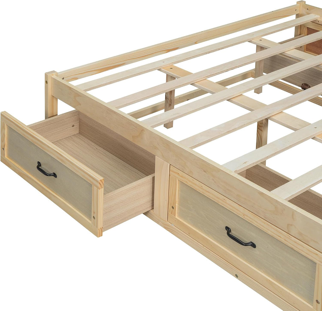 SOFTSEA Queen Size Bed Frame with 6 Storage Drawers, Wood Platform Bed Frame No Headboard with Support Slats, Farmhosue Platform Bed with Drawers, No Box Spring Needed, Easy Assembly, Antique Natural