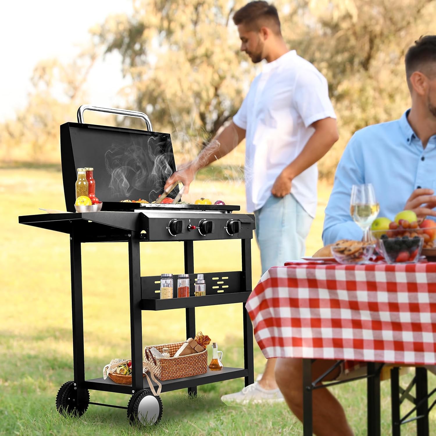3-Burner Flat Top Gas Griddle, 30,000 BTU Propane BBQ Grill with Ceramic Coated Cast Iron Pan, Side Shelves & Spice Rack for Outdoor Backyard Cooking