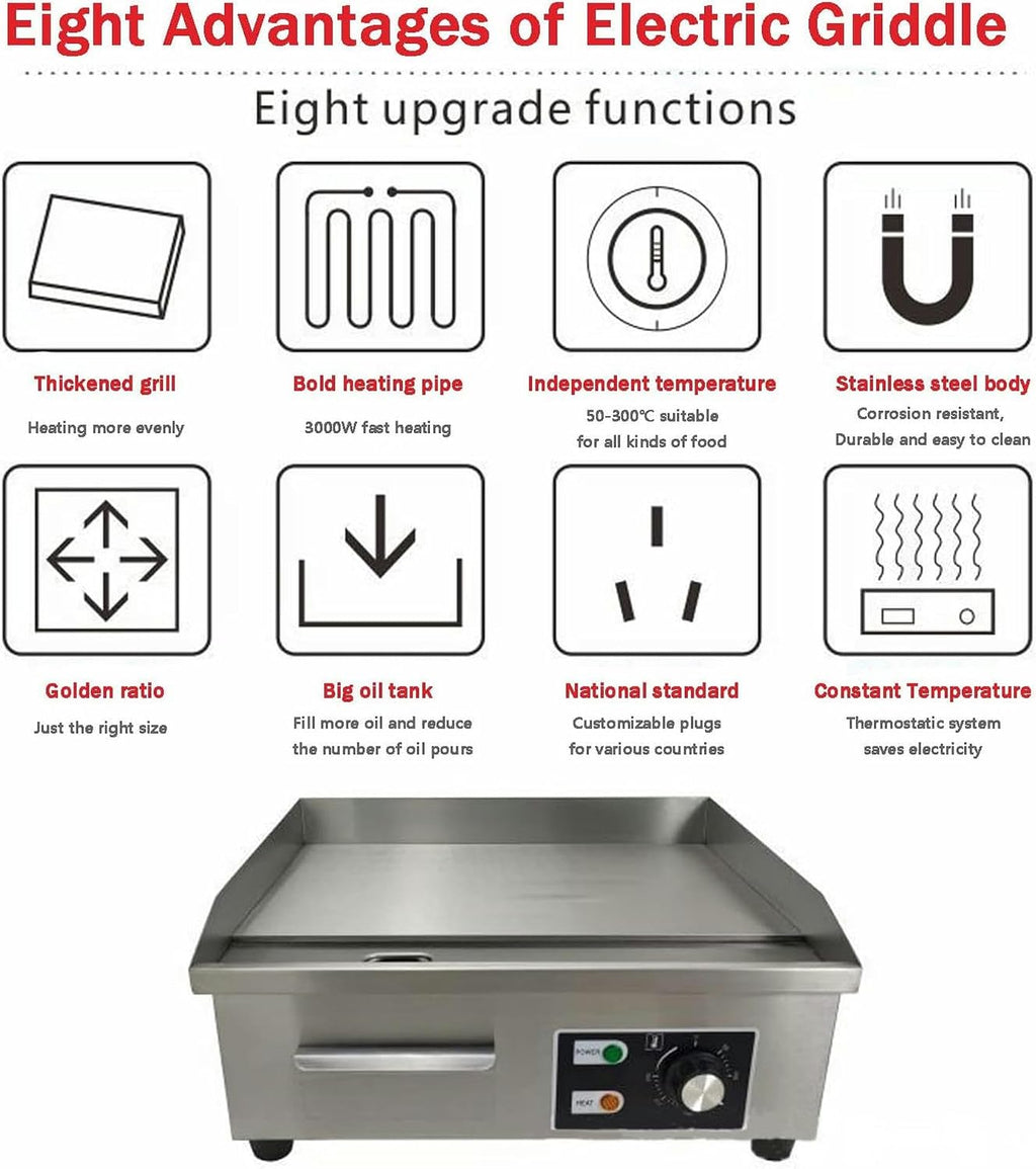 Electric Commercial Griddle Plate, 2500W Electric Countertop Flat Top Griddle with Adjustable Thermostat Removable Oil Drawer Splash Guards, Stainless Steel Restaurant Grill for Kitchen