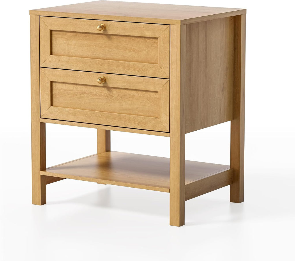 EYYTHUNG Farmhouse Nightstand Set of 2 with Drawers, 24.4' Tall Modern Wood Bedside Table with Open Shelf, Large End Table for Bedroom, Natural Oak