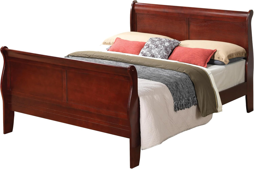 GDFStudio Queen Size Wood Platform Bed Frame, Classic Sleigh Design with Curved Trim & Wood Posts,Easy Assembly, Box Spring Required,Timeless Elegant Bedroom Furniture,Cherry