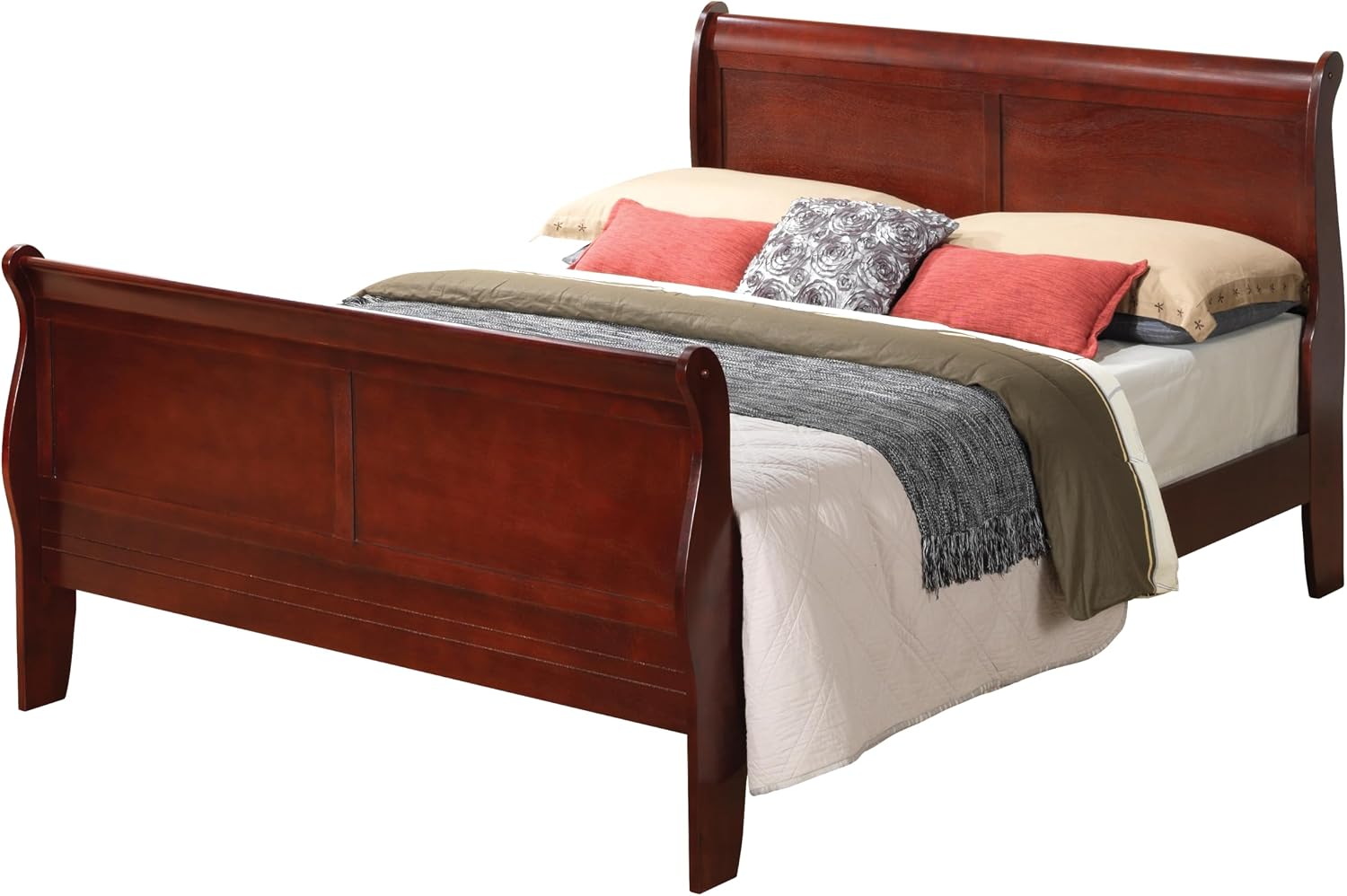GDFStudio Full Size Wood Platform Bed Frame, Classic Sleigh Design with Curved Trim & Wood Posts,Easy Assembly, Box Spring Required,Timeless Elegant Bedroom Furniture,Cherry