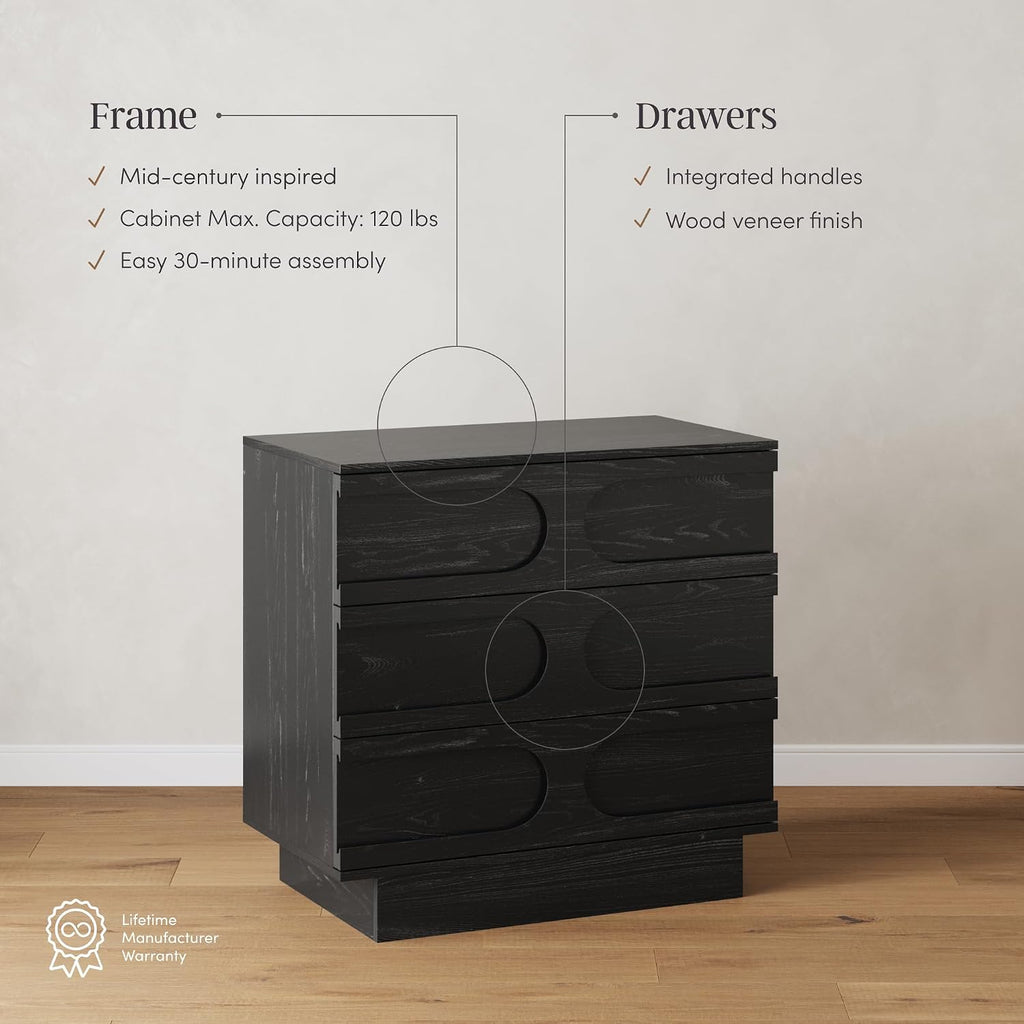 Nathan James Iris 3 Drawer Dresser, Mid-Century Modern Solid Wood Dresser for Bedroom, Black Oak