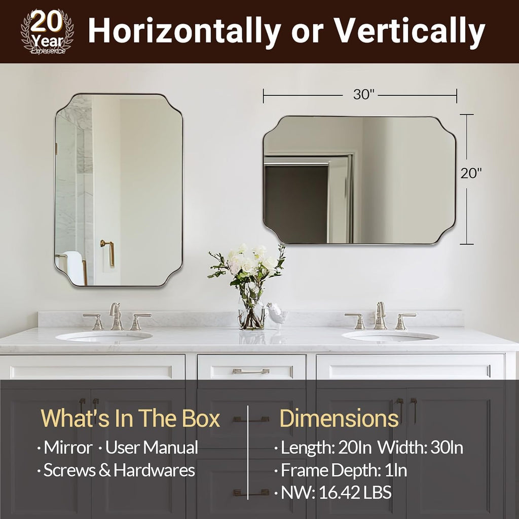 ANDY STAR 20x30 Inch Brushed Nickel Mirror, Silver Bathroom Mirror, Modern Rounded Notched Corner Mirror in Rustproof Stainless Steel Thin Frame, Compact Size Ideal for Small Bathroom Remodel