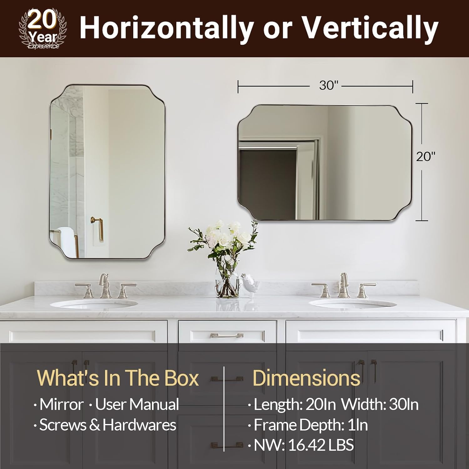 ANDY STAR 20x30 Inch Brushed Nickel Mirror, Silver Bathroom Mirror, Modern Rounded Notched Corner Mirror in Rustproof Stainless Steel Thin Frame, Compact Size Ideal for Small Bathroom Remodel