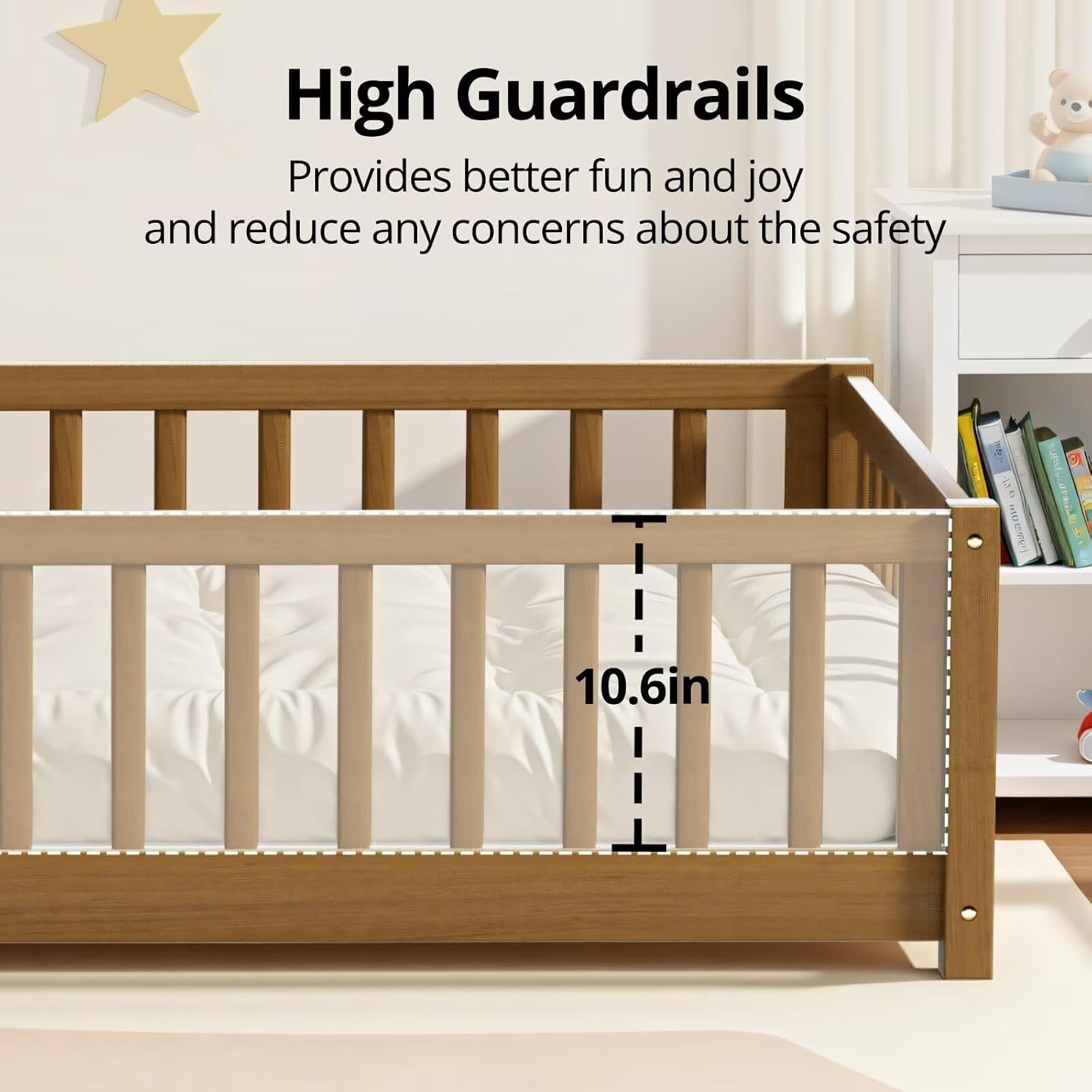 i-POOK Full Floor Bed Frame with Wood Slats, High Fence & Small Door, Pinewood Montessori Floor Bed for Girls and Boys,Light Espresso