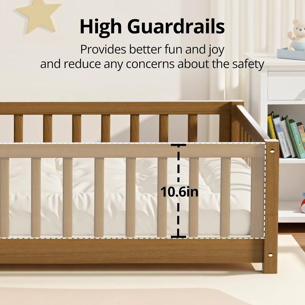 i-POOK Queen Floor Bed Frame with Wood Slats, High Fence & Small Door, Pinewood Montessori Floor Bed for Girls and Boys,Light Espresso
