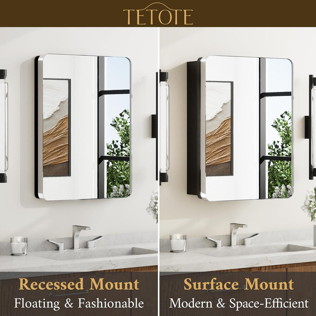 TETOTE 24 X 32 Medicine Cabinet Mirror Polished Chrome Stainless Steel Framed Bathroom Mirror Cabinet with Adjustable Shelves Recessed Mounted/Surface Mounted Medicine Cabinet with Mirror