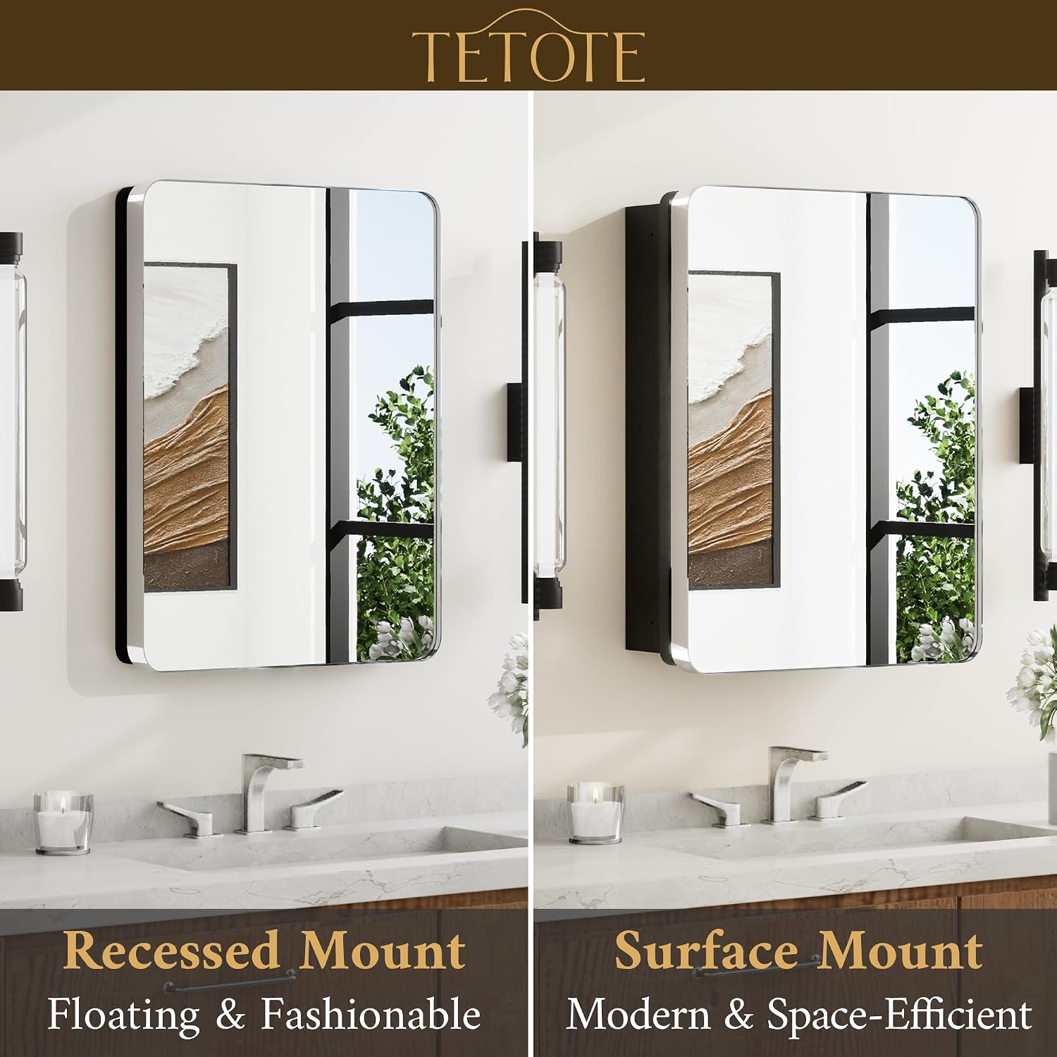 TETOTE 24 X 32 Medicine Cabinet Mirror Polished Chrome Stainless Steel Framed Bathroom Mirror Cabinet with Adjustable Shelves Recessed Mounted/Surface Mounted Medicine Cabinet with Mirror