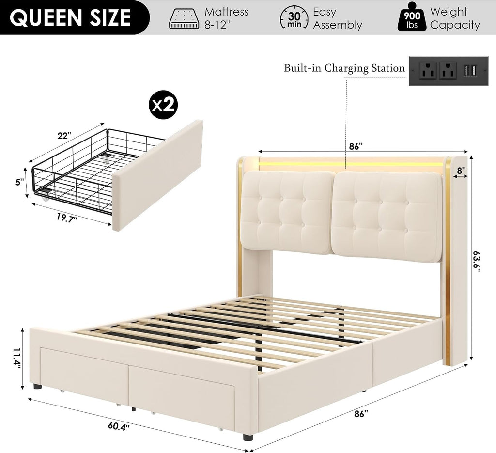 HIFIT Upholstered LED Queen Size Bed Frame with Storage and Charging Station, Lavish Wingback Headboard with Fluffy Tufted Cushions, Modern Velvet Queen Platform Bed Frame with 2 Large Drawers, Beige