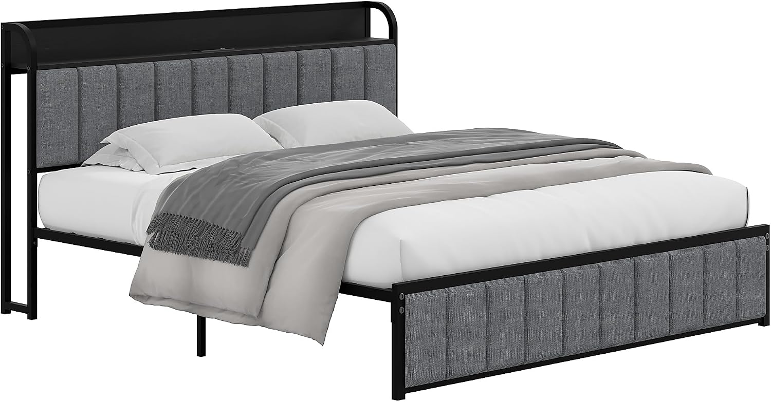 VECELO Full Bed Frame, Storage Upholstered Headboard with Charging Station, Platform Bedframe, Heavy Duty Metal Slats, No Box Spring Needed, Noise-Free, Easy Assembly, Dark Grey
