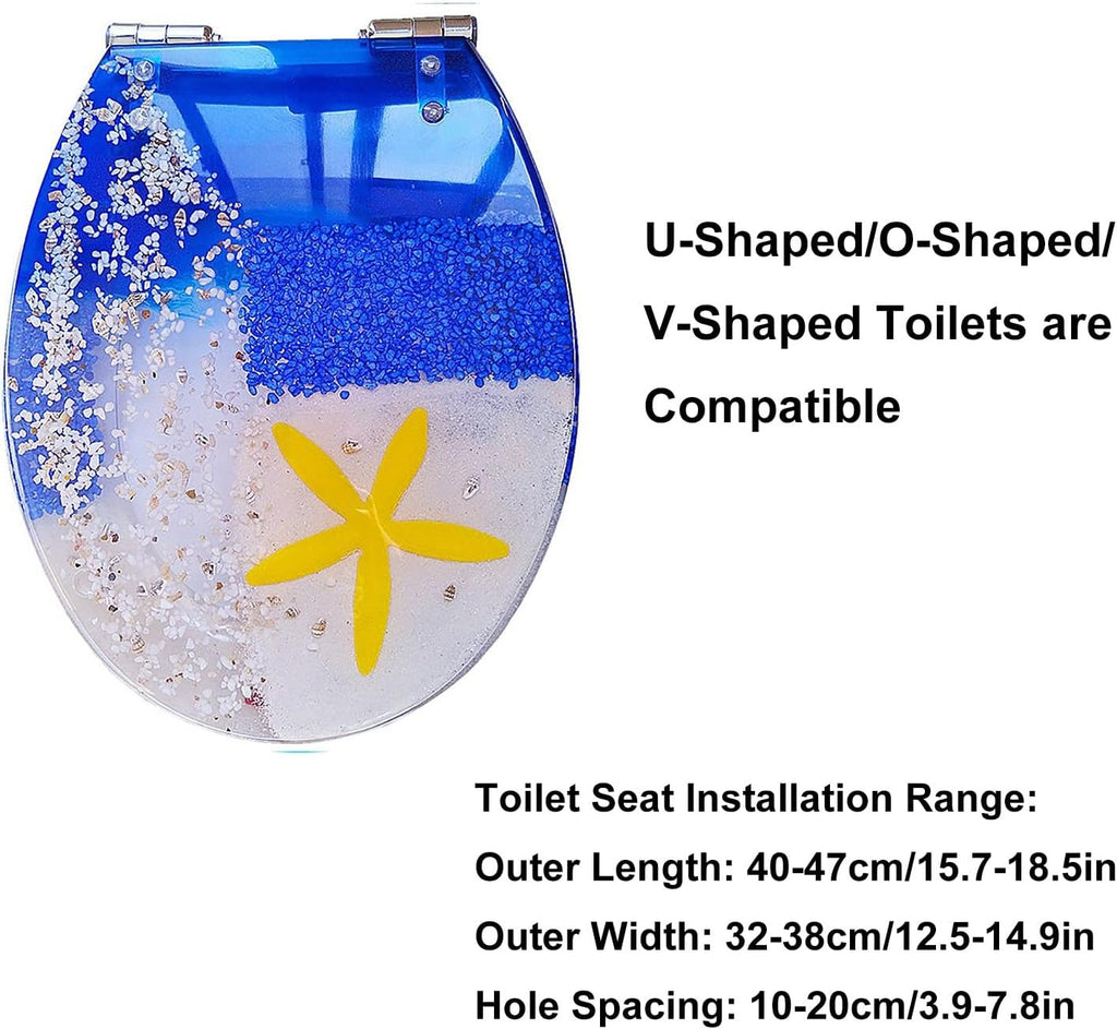Resin Toilet Seat, Round Seats with Ocean Design, Soft Close and Quick Release Hinges, for Bathroom, Home, and Guest Restroom(Blue6)