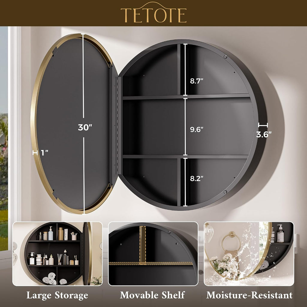 TETOTE Gold Round Bathroom Medicine Cabinet with Mirror 30 x 30, Adjustable Shelves, Farmhouse Wall Storage, Surface Mounted