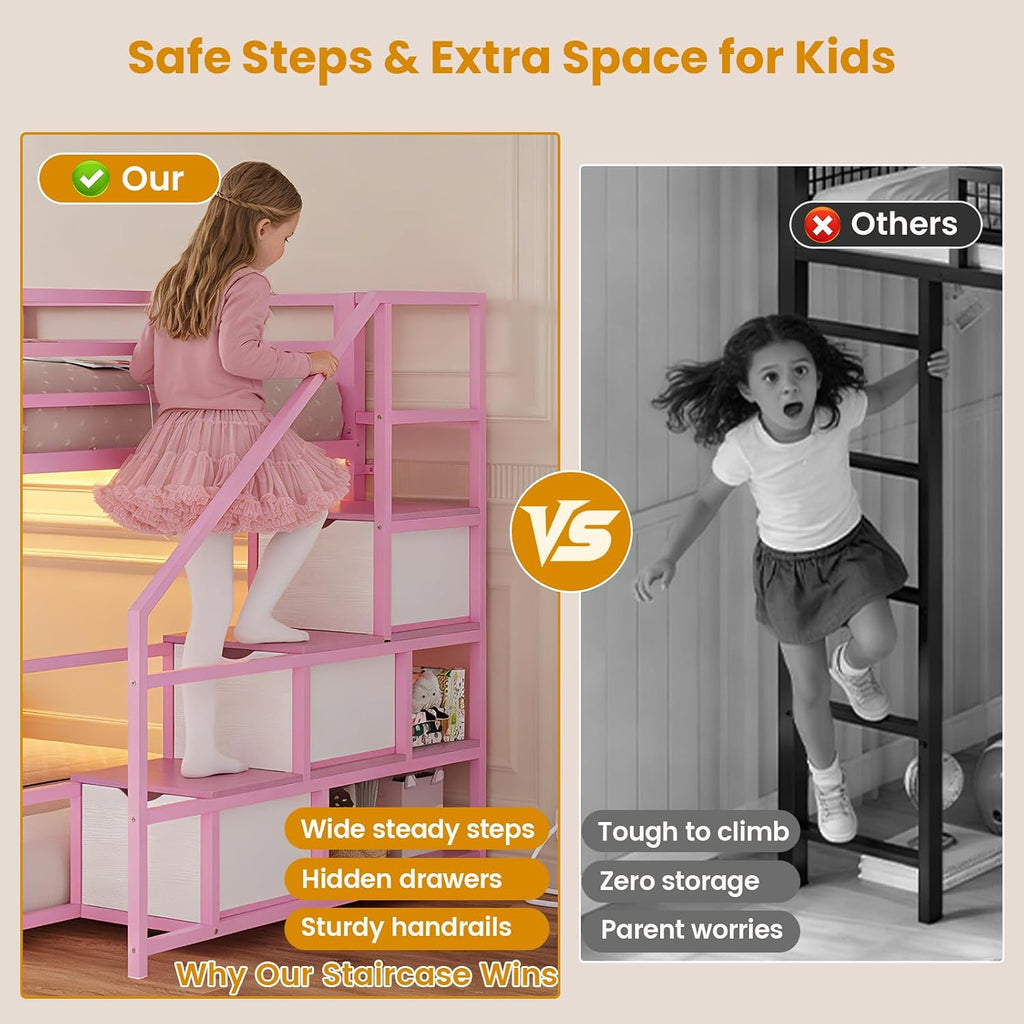 ADORNEVE Low Bunk Bed Twin Over Twin with Storage Stairs, Drawers & Shelves, RGB LED Lights Metal Floor Bunk with Power Outlet, Full-Length Guardrail & Metal Slats, for Small Space, Kids, Pink
