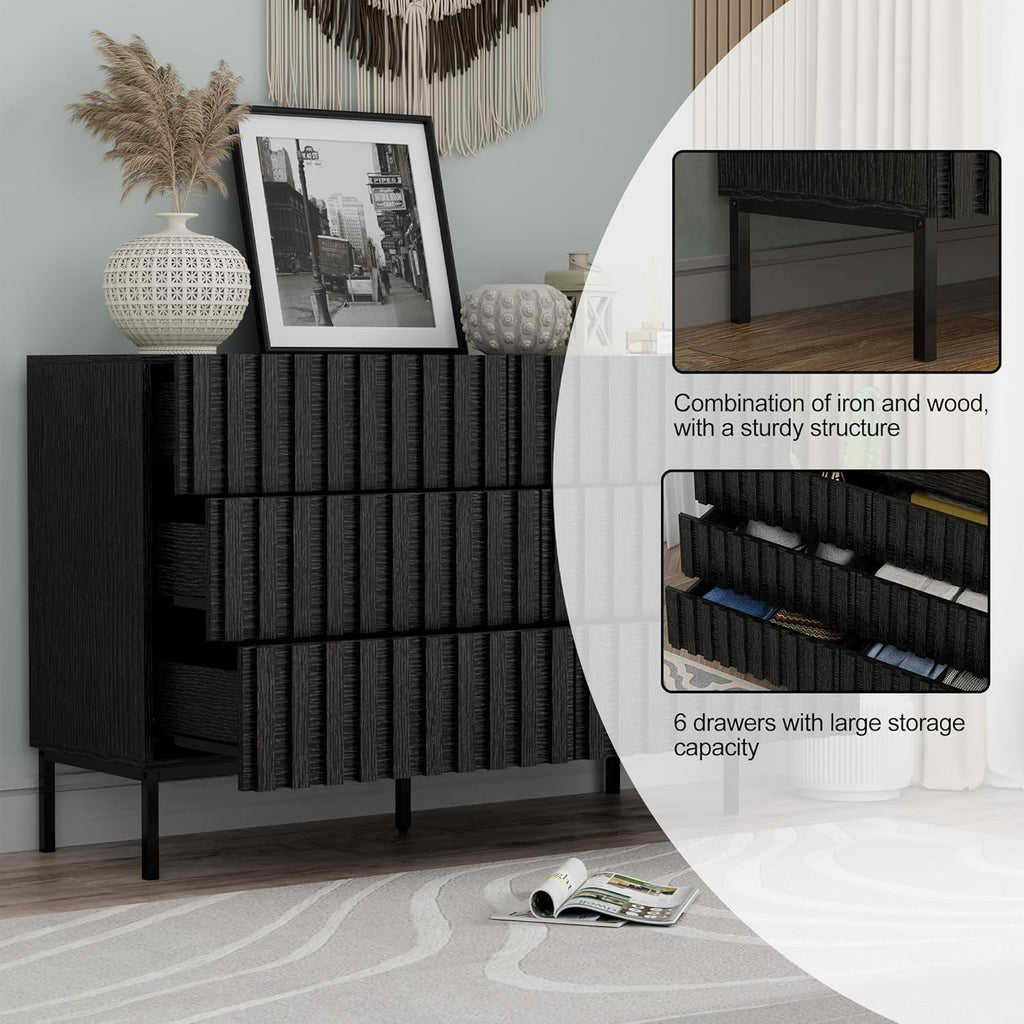 UEV 3 Piece Dresser and Nightstand Sets for Bedroom, 47' Wide 6 Drawer Dresser & Nightstand Set of 2, Mid Century Modern Fluted Wooden Dressers Set, Bedroom Furniture Set (Black)