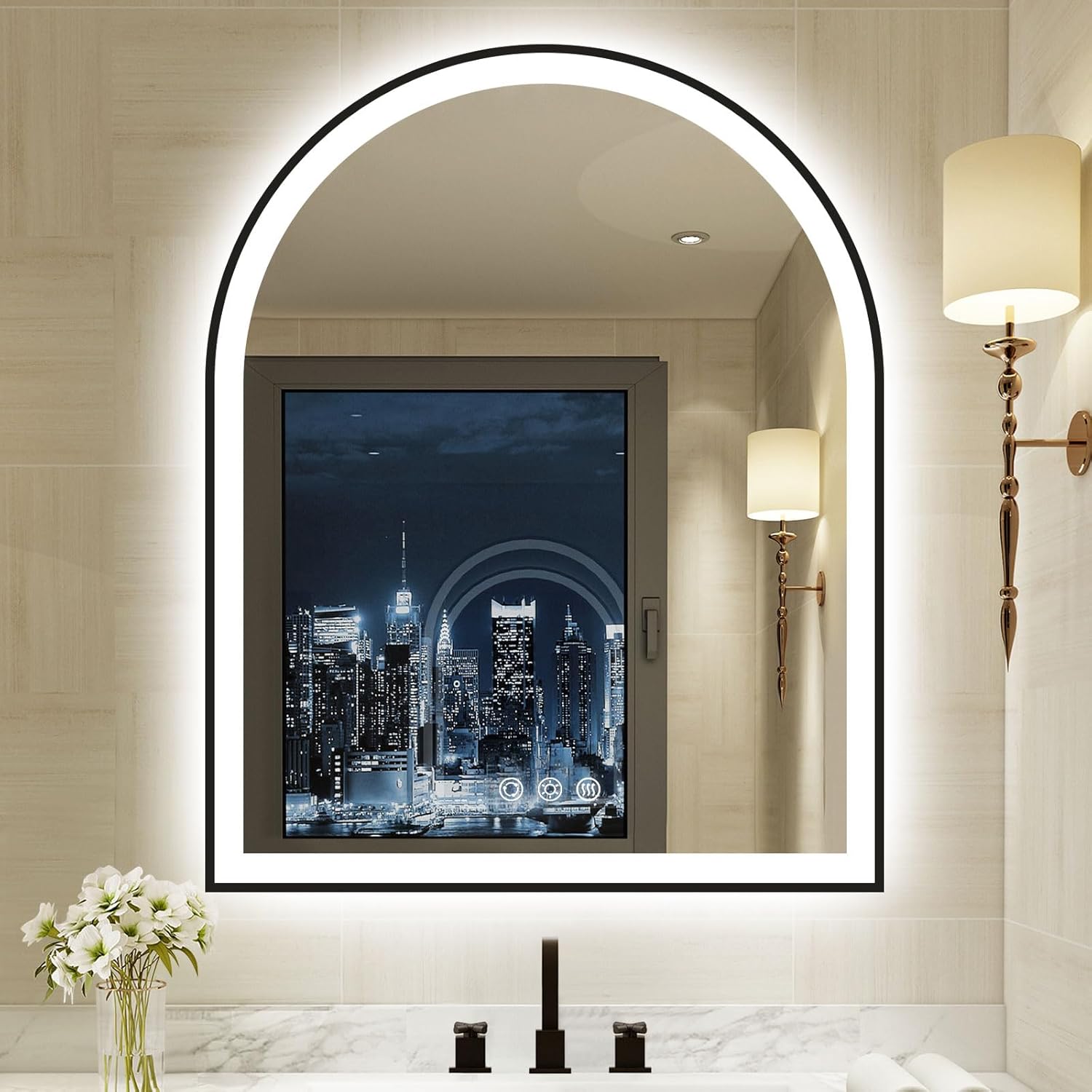 30.1'x36.1' Arched LED Mirror for Bathroom,Black Lighted Bathroom Mirror with Lights-Fogless, Dimmable, 3 Color Changing, Shatterproof, Touch Sensor