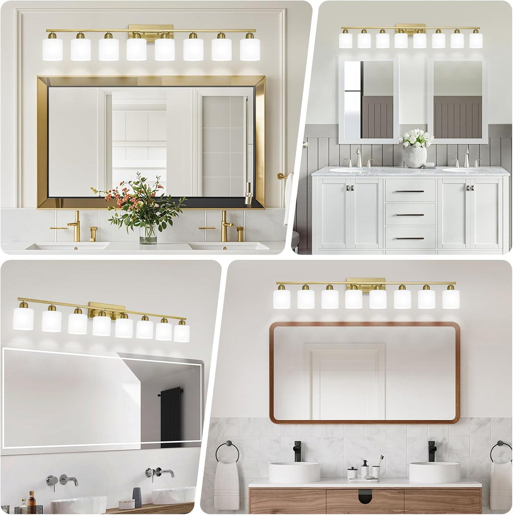 8 Light Bathroom Light Fixtures Gold for Big Mirror, Brushed Gold Vanity Lights for Bathroom with Milky White Frosted Glass Shades, 51 inch Wall Sconce for Mirrors Living Room Bedroom