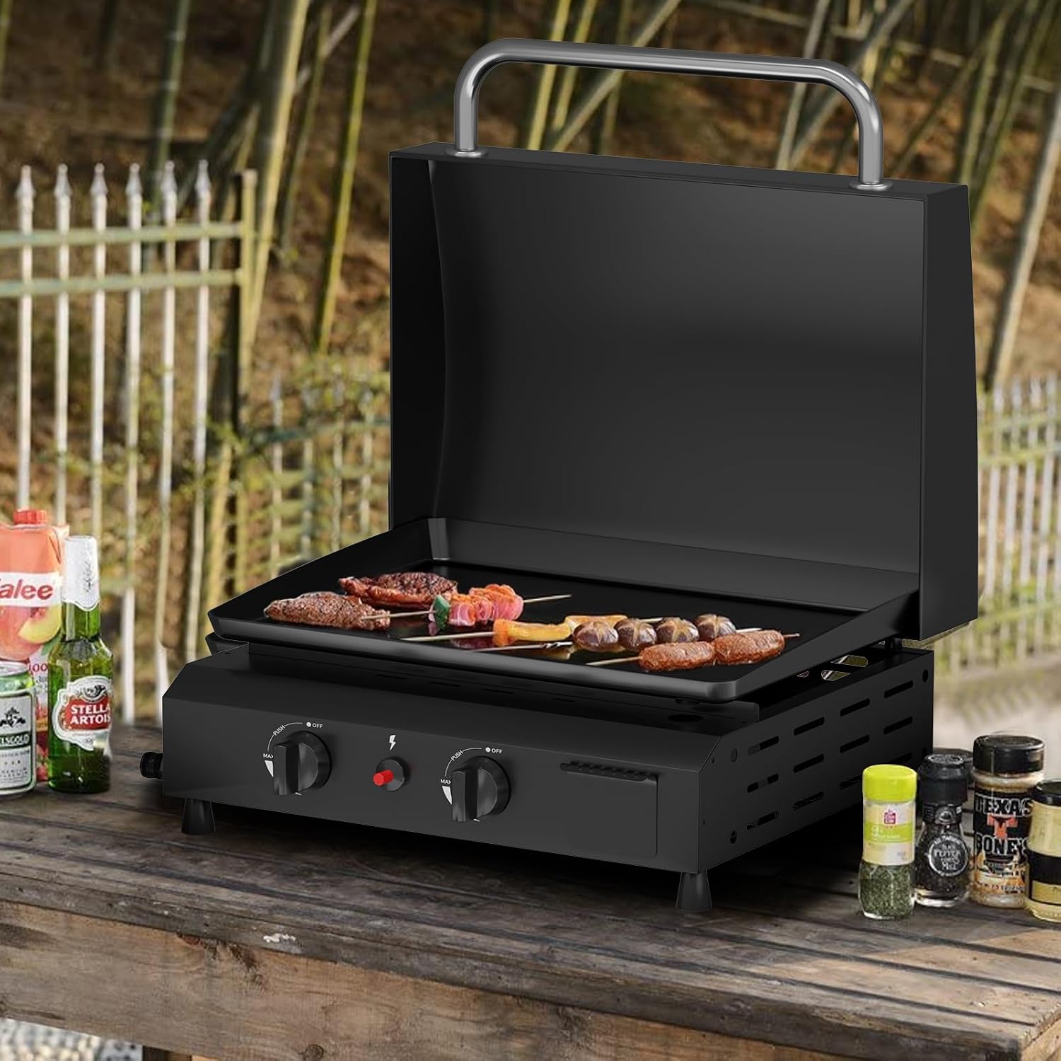 SKOK 2 Burner Gas Griddle with Hood- 17 Inch Outdoor Propane Griddle-30000 BTU Propane Fuelled, Portable Flat Top Gas Grill Camping Griddle with Lid for Kitchen, Outdoor BBQ
