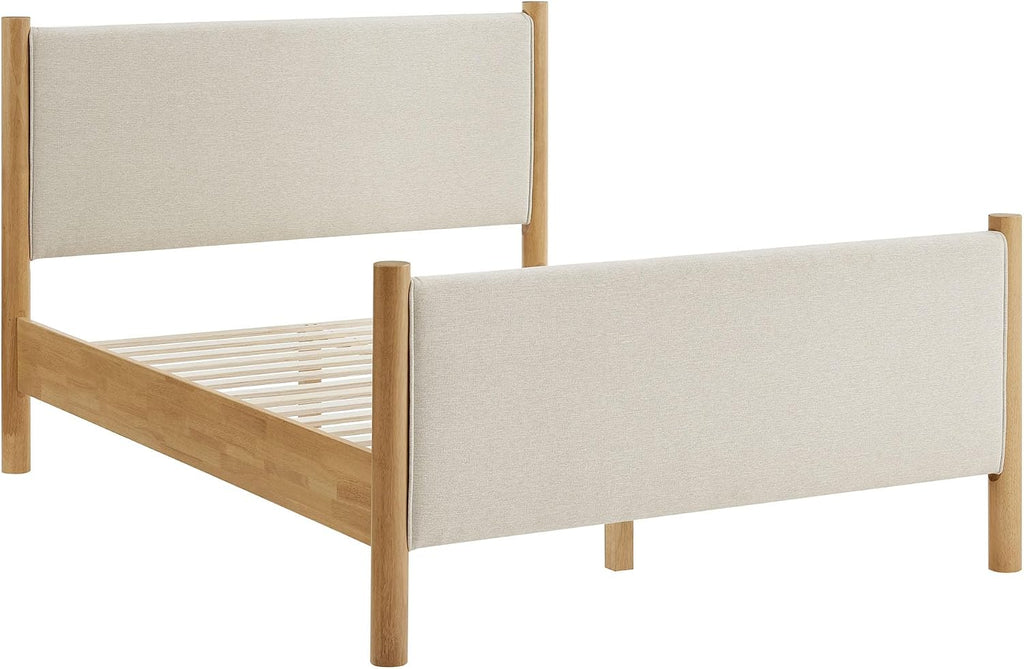 Modway Maven Queen Size Bed Frame in Ivory Oak with Upholstered Fabric Headboard and Footboard – Wood Queen Platform Bed Frame – No Box Spring Needed